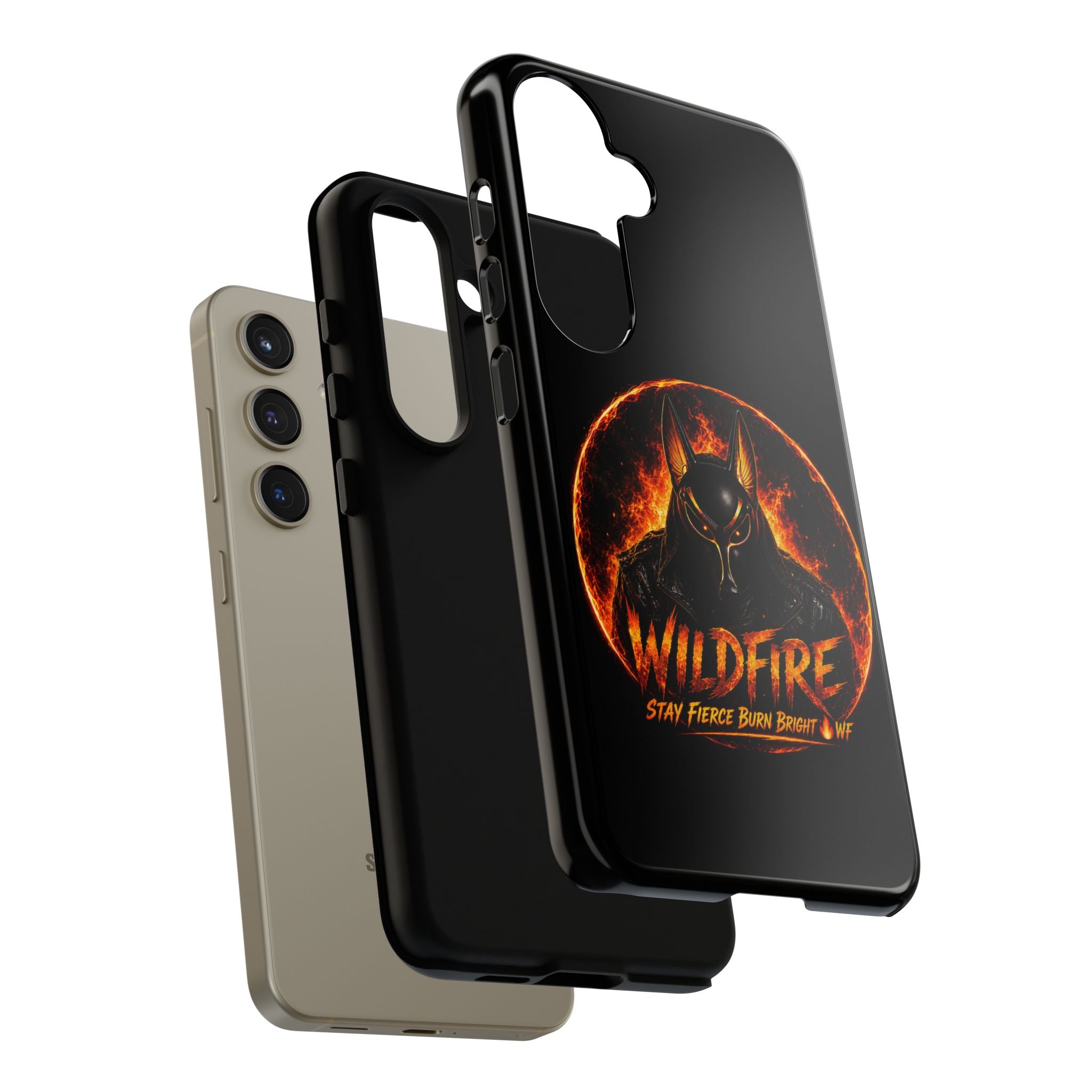 Wildfire Phone Case — Fierce Flaming Anubis Design, "Stay Fierce Burn Bright"