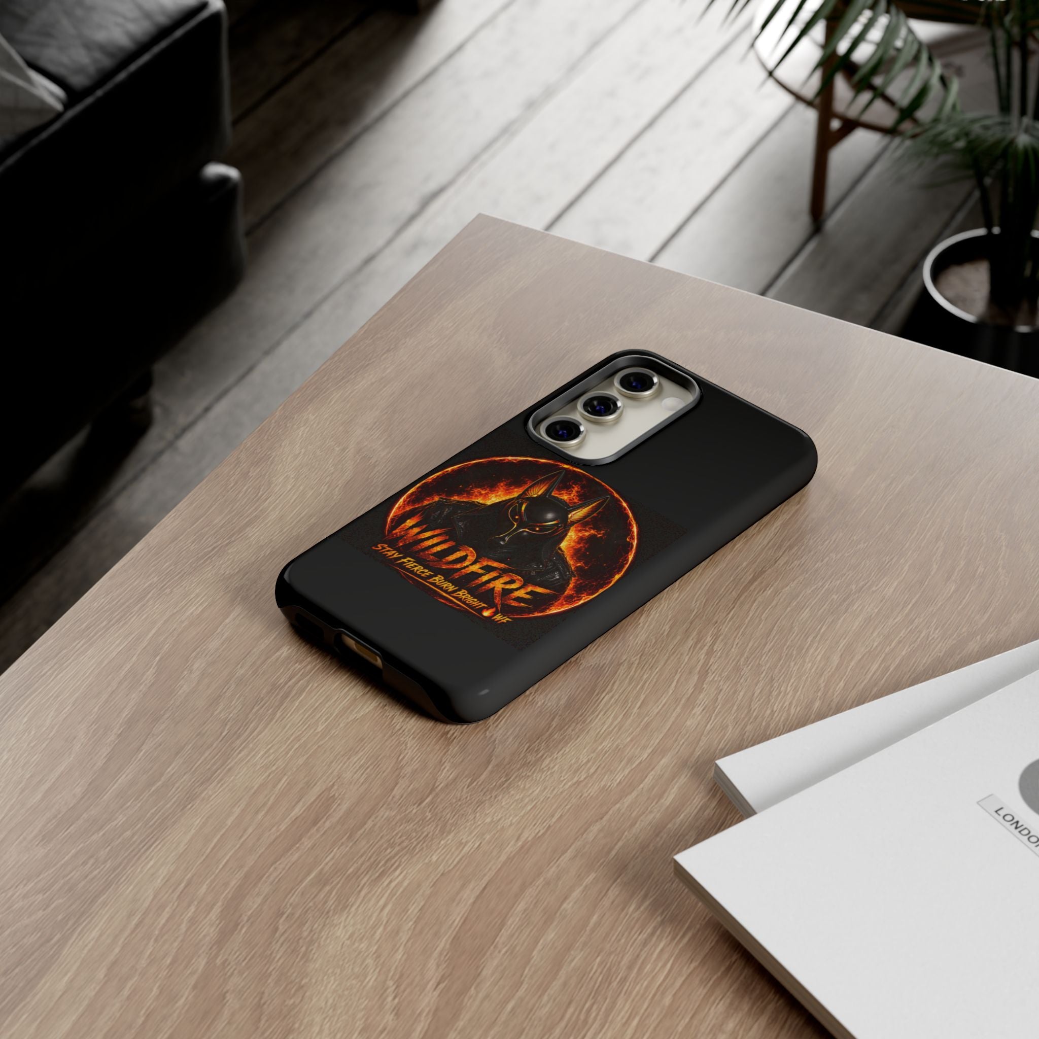 Wildfire Phone Case — Fierce Flaming Anubis Design, "Stay Fierce Burn Bright"