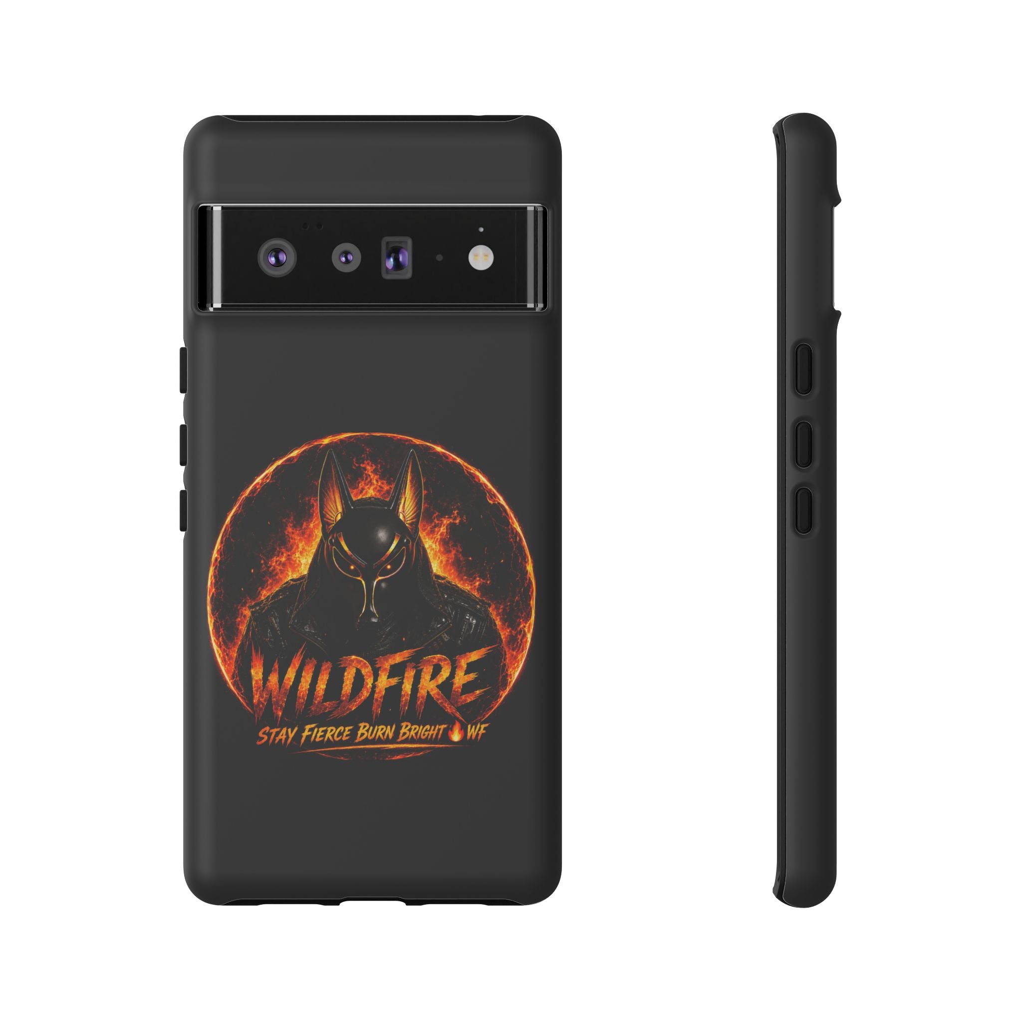 Wildfire Phone Case — Fierce Flaming Anubis Design, "Stay Fierce Burn Bright"
