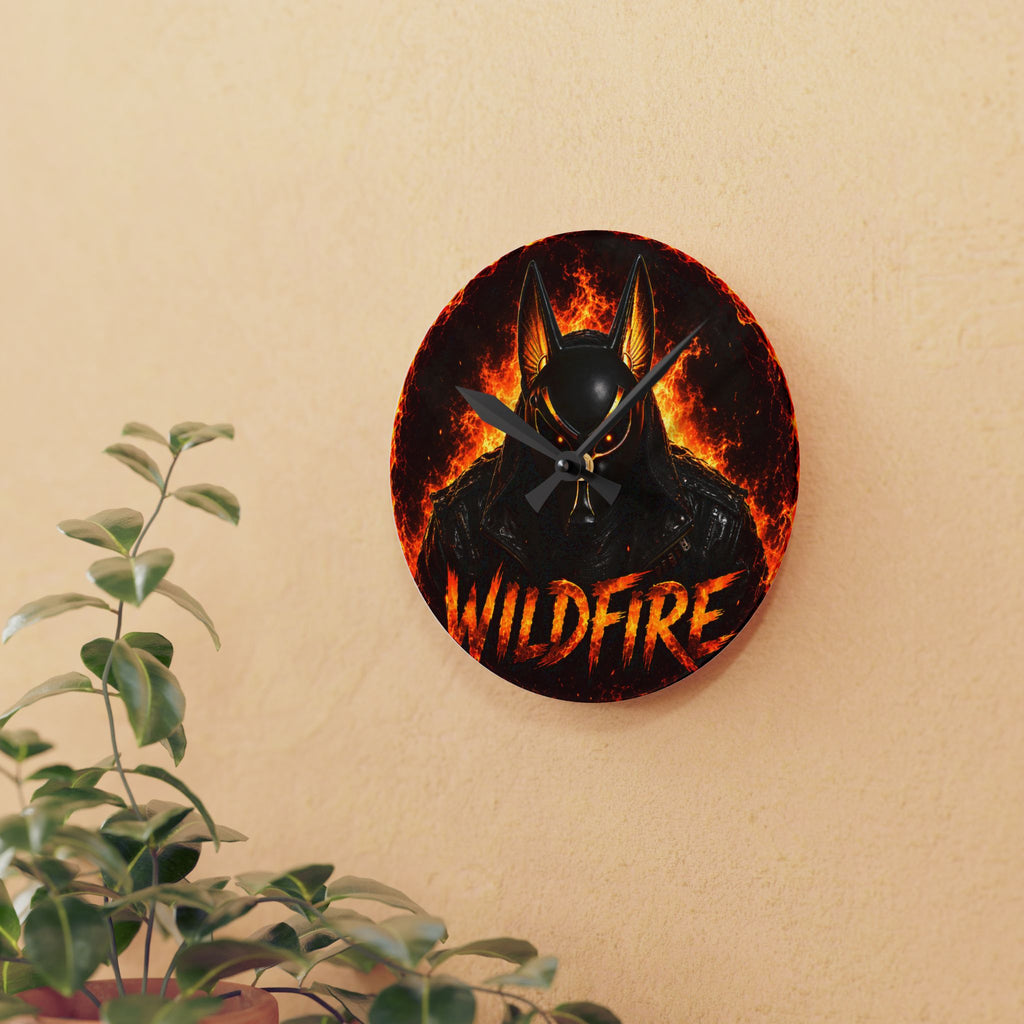 Wildfire Anubis Mask Acrylic Wall Clock — Fiery Gaming/Esports Decor