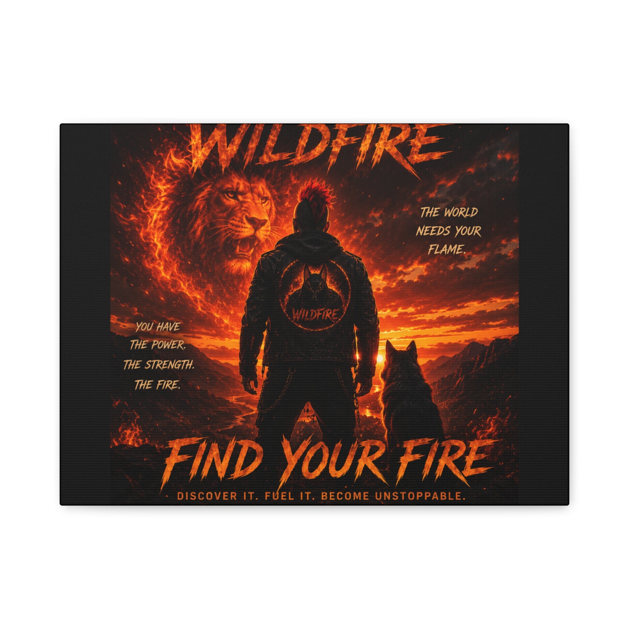 Wildfire 'Find Your Fire' Matte Canvas Wall Art — Inspirational Lion & Silhouette Scene
