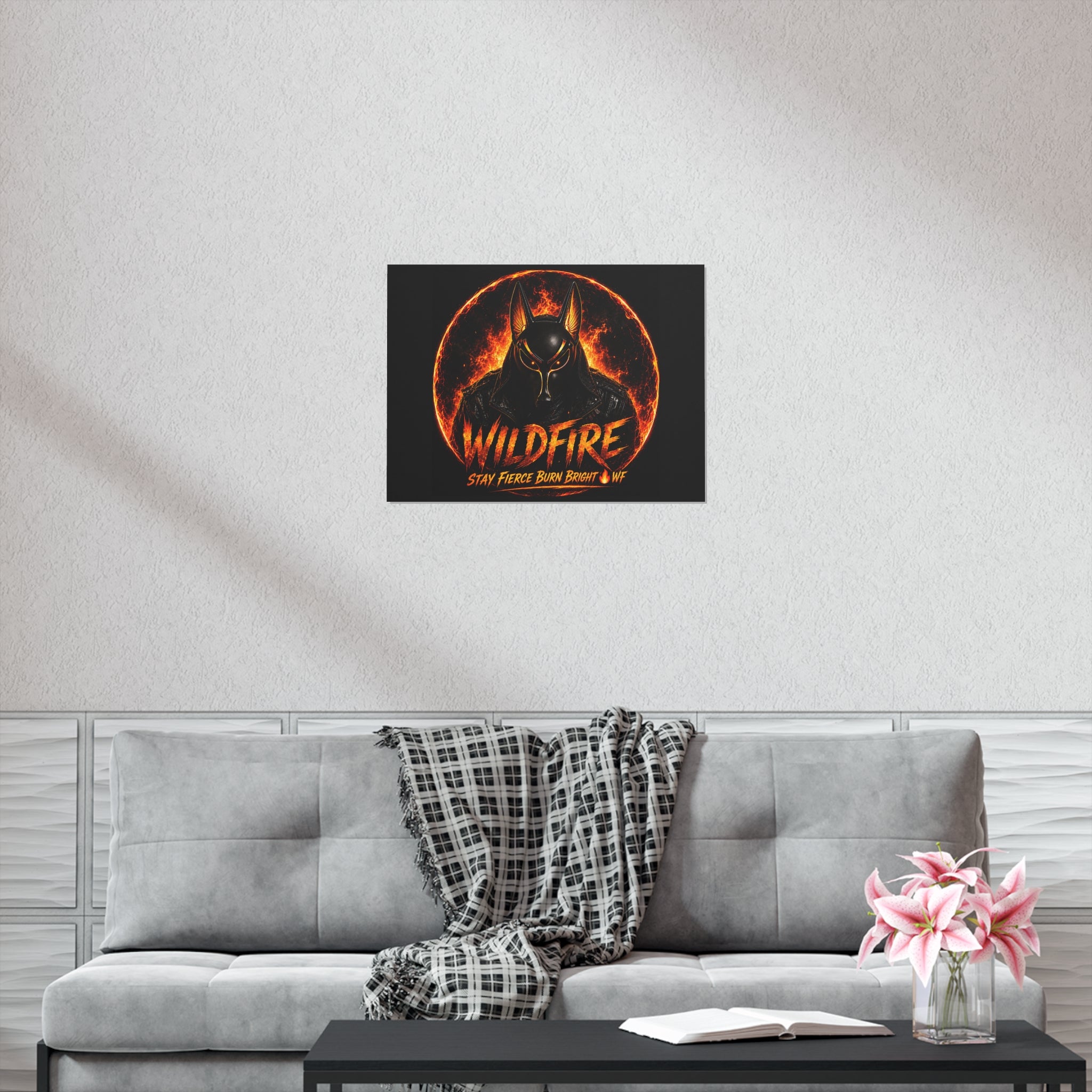 Wildfire Poster — Fiery Anubis Illustration with 'Stay Fierce Burn Bright'