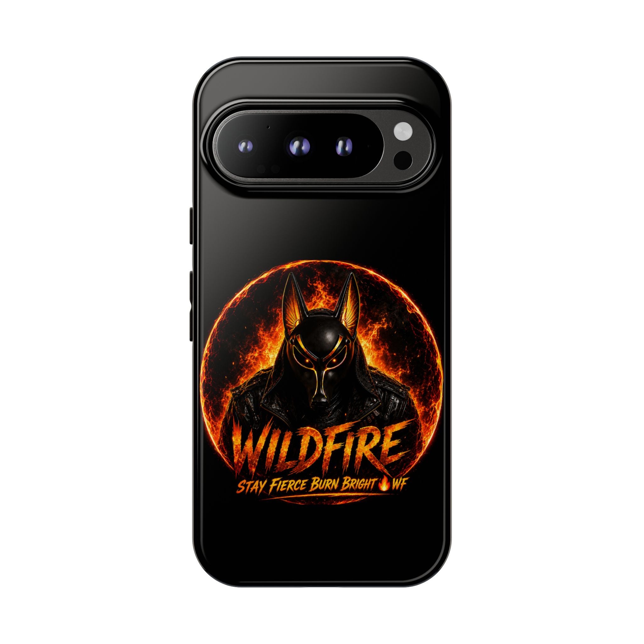 Wildfire Phone Case — Fierce Flaming Anubis Design, "Stay Fierce Burn Bright"