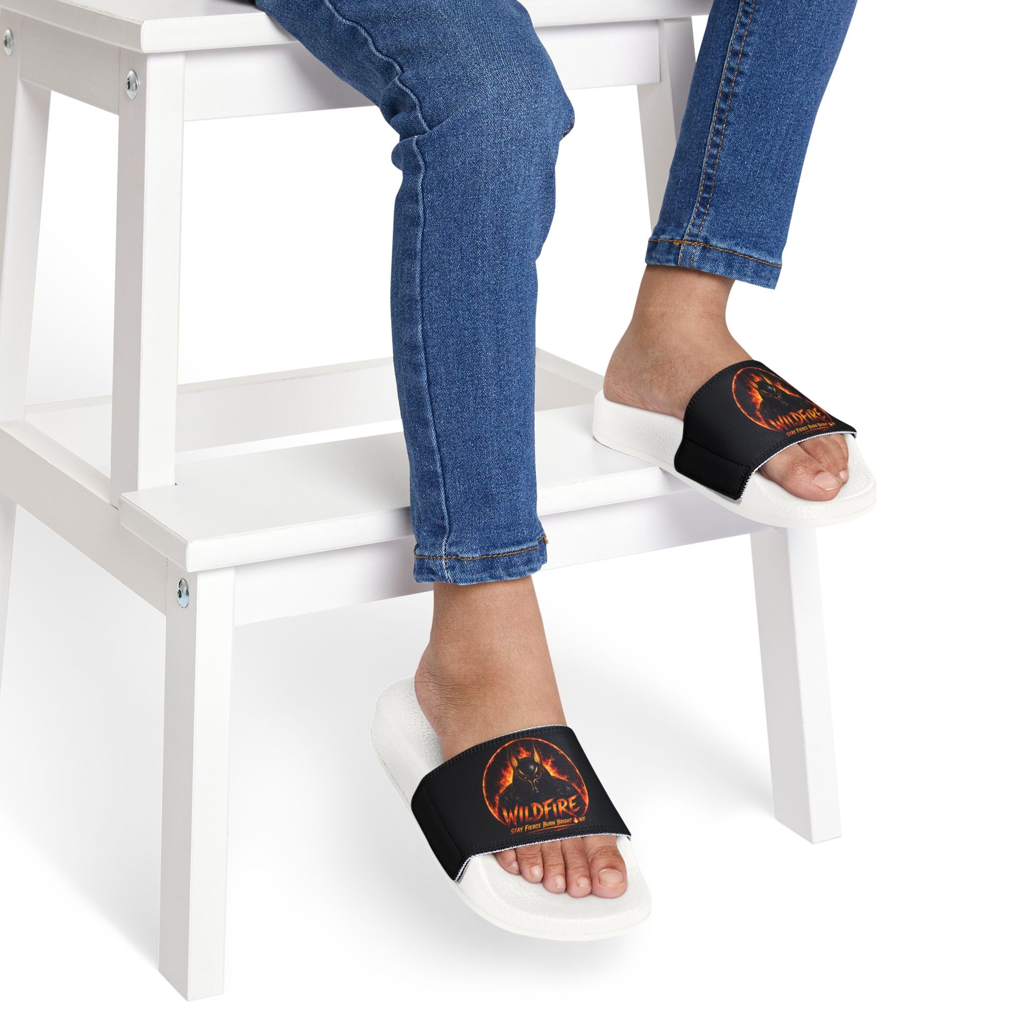 Youth Slide Sandals — Fiery Anubis Logo Adjustable Strap