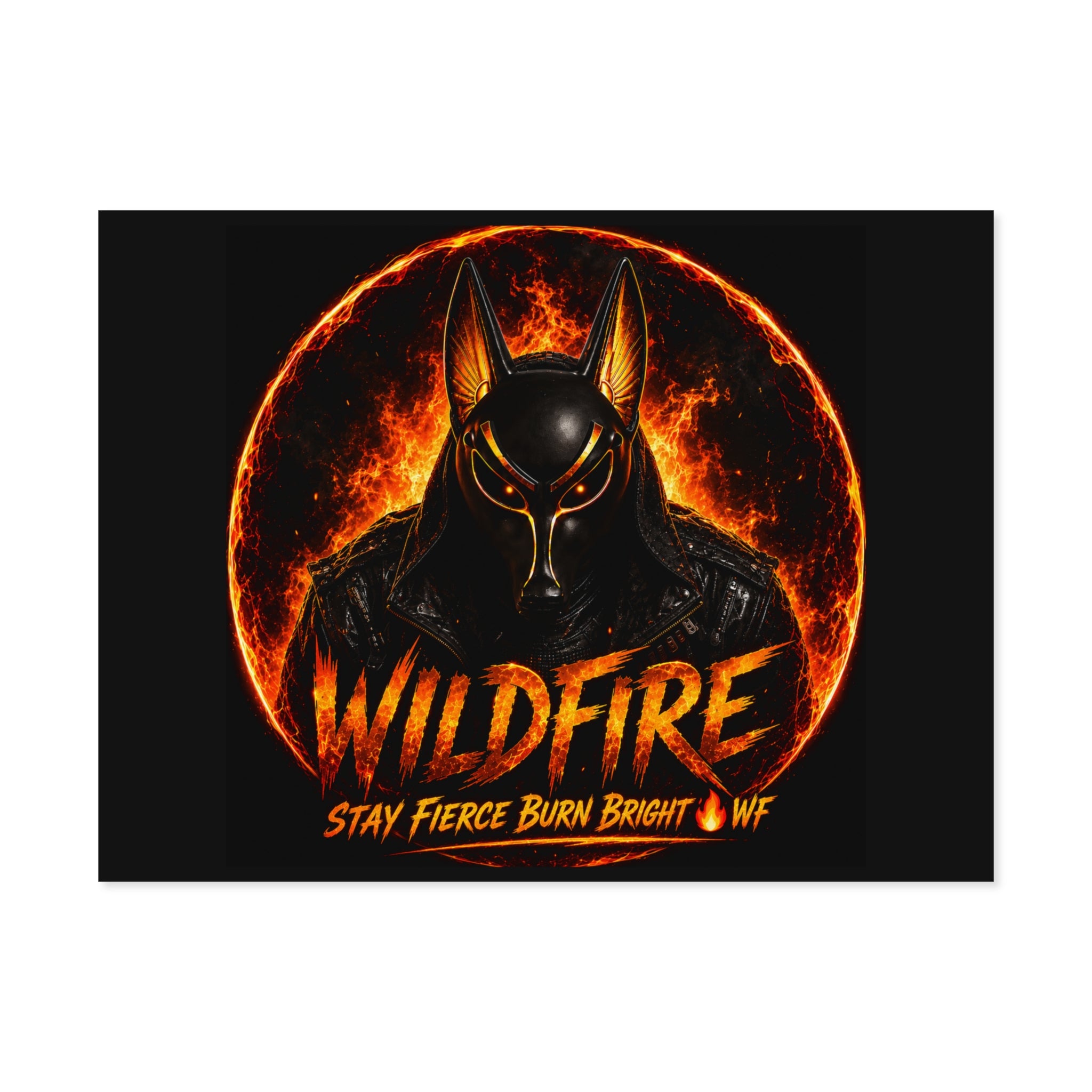 Wildfire Poster — Fiery Anubis Illustration with 'Stay Fierce Burn Bright'