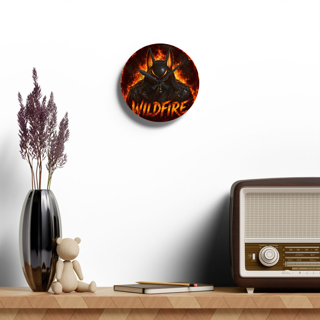 Wildfire Anubis Mask Acrylic Wall Clock — Fiery Gaming/Esports Decor