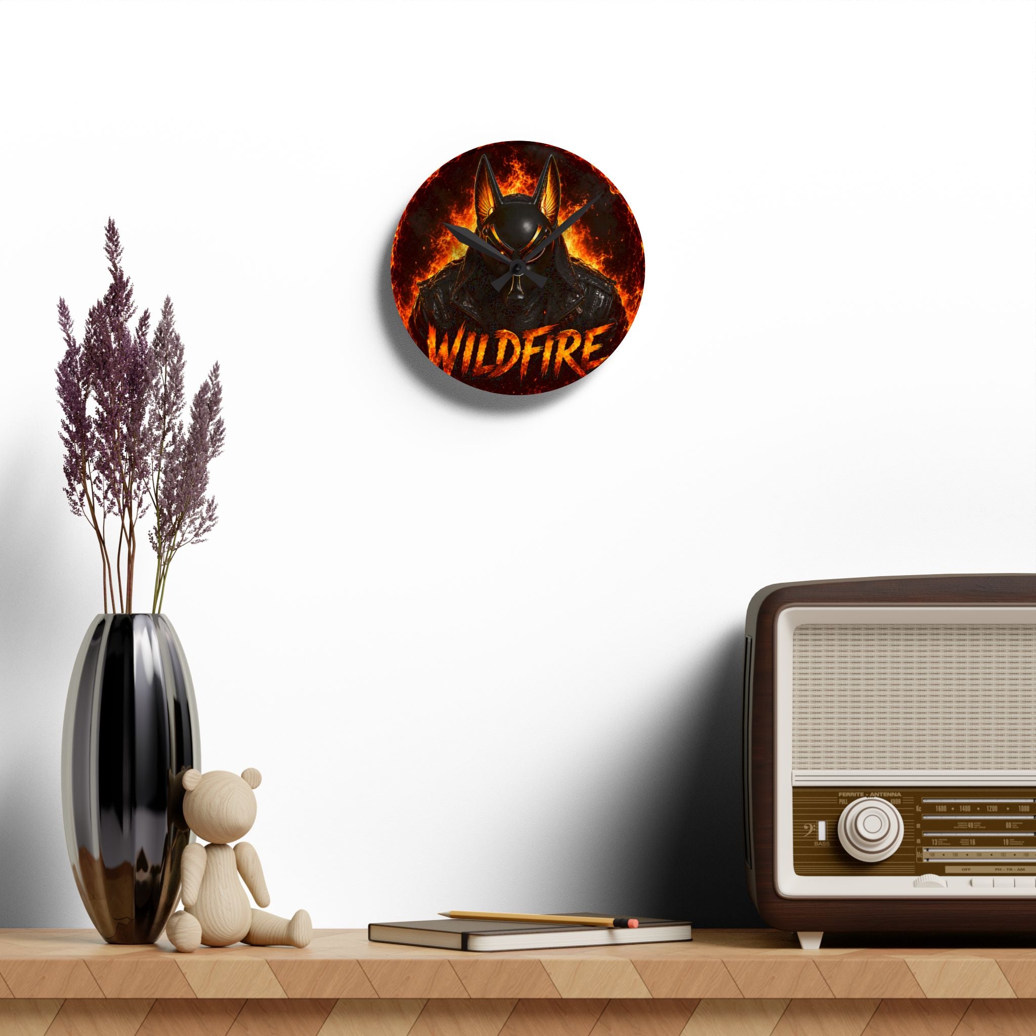 Wildfire Anubis Mask Acrylic Wall Clock — Fiery Gaming/Esports Decor