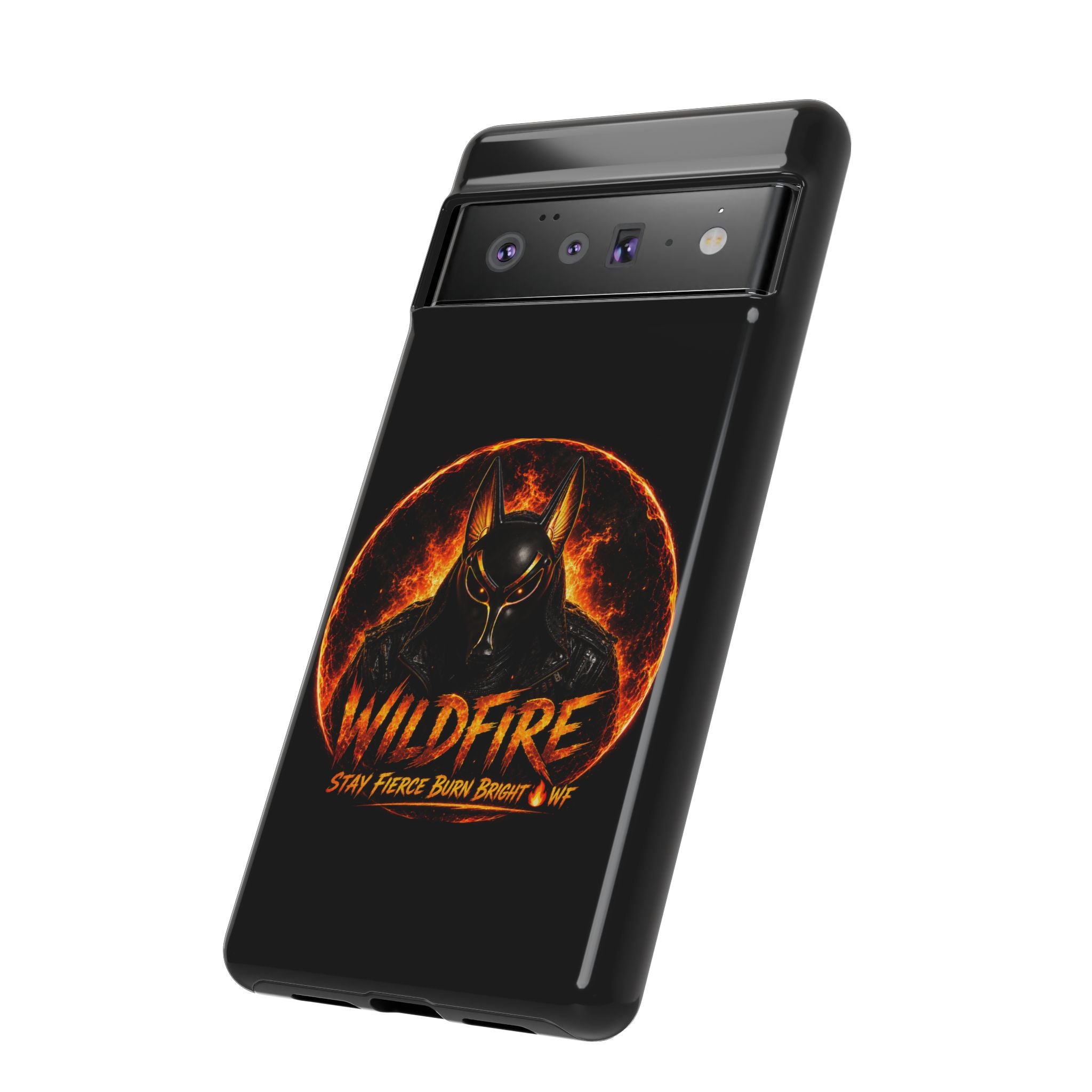 Wildfire Phone Case — Fierce Flaming Anubis Design, "Stay Fierce Burn Bright"