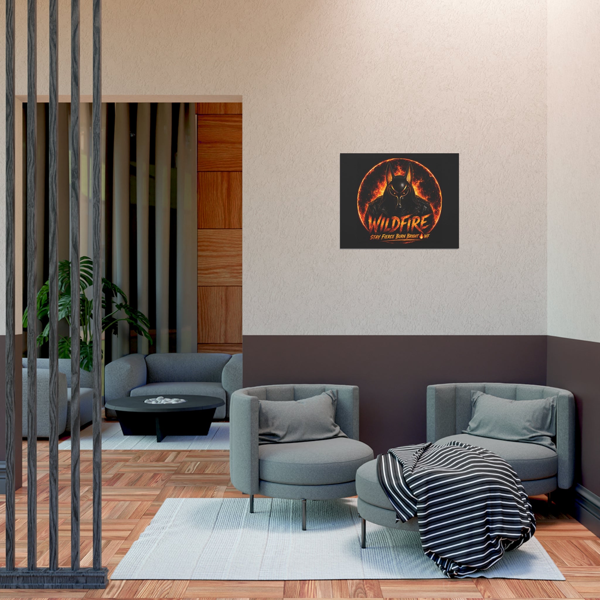 Wildfire Poster — Fiery Anubis Illustration with 'Stay Fierce Burn Bright'