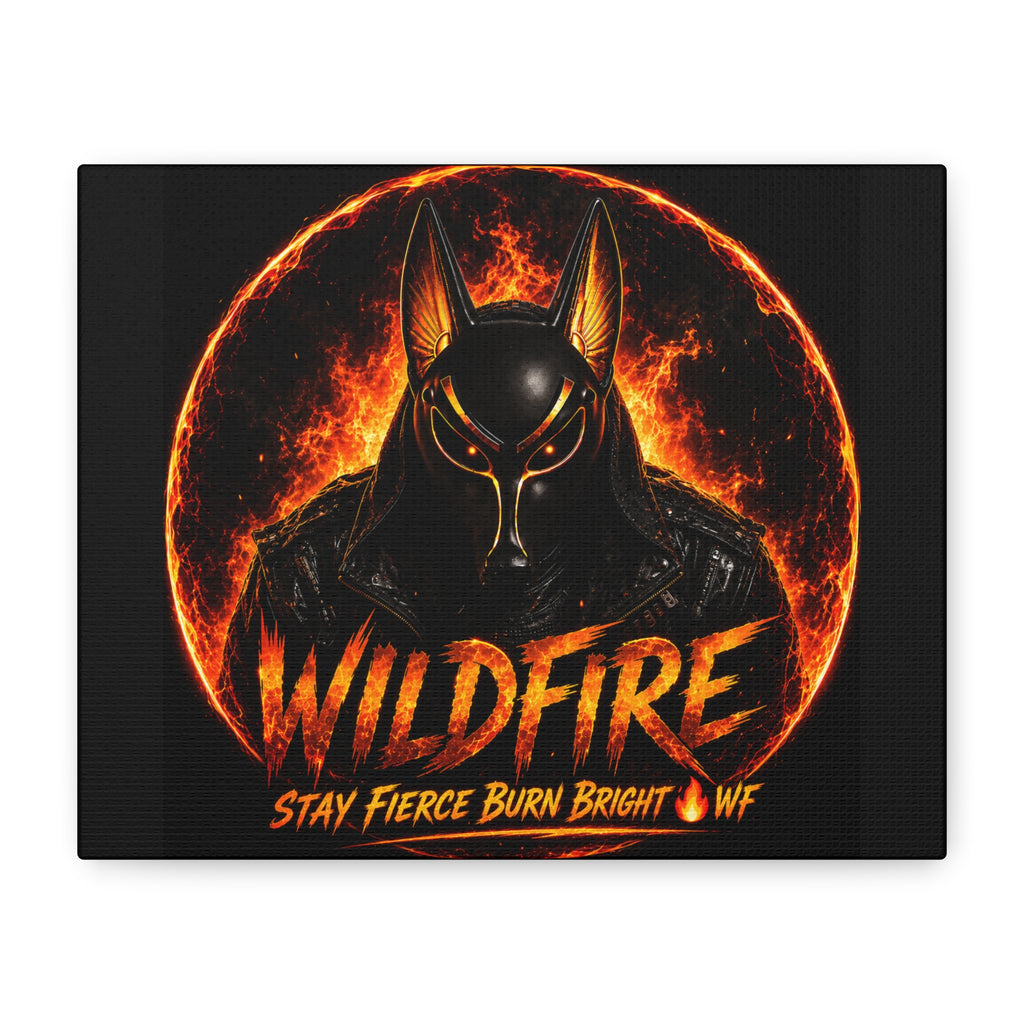 Wildfire Anubis Canvas — ‘WILDFIRE Stay Fierce Burn Bright’ Matte Stretched Wall Art