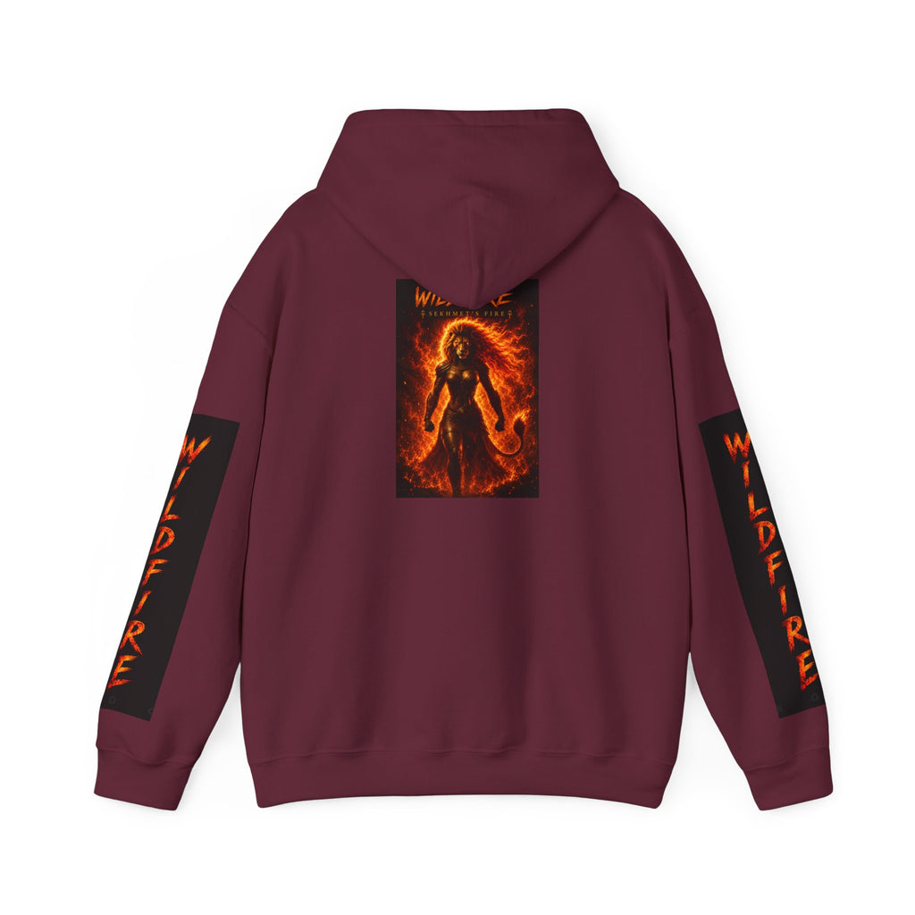 Wildfire Sekhmet's Fire Graphic Hoodie — Fiery Elemental Back Art & Sleeve Text