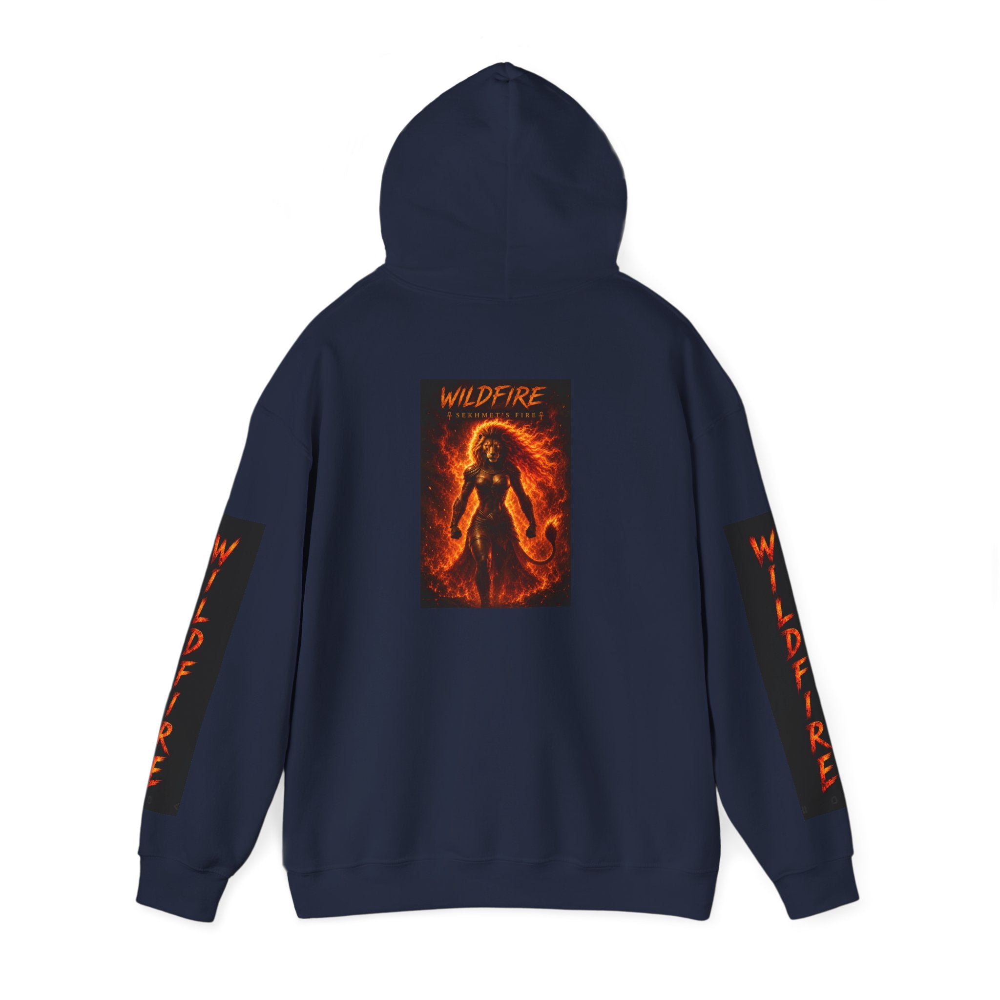Wildfire Sekhmet's Fire Graphic Hoodie — Fiery Elemental Back Art & Sleeve Text