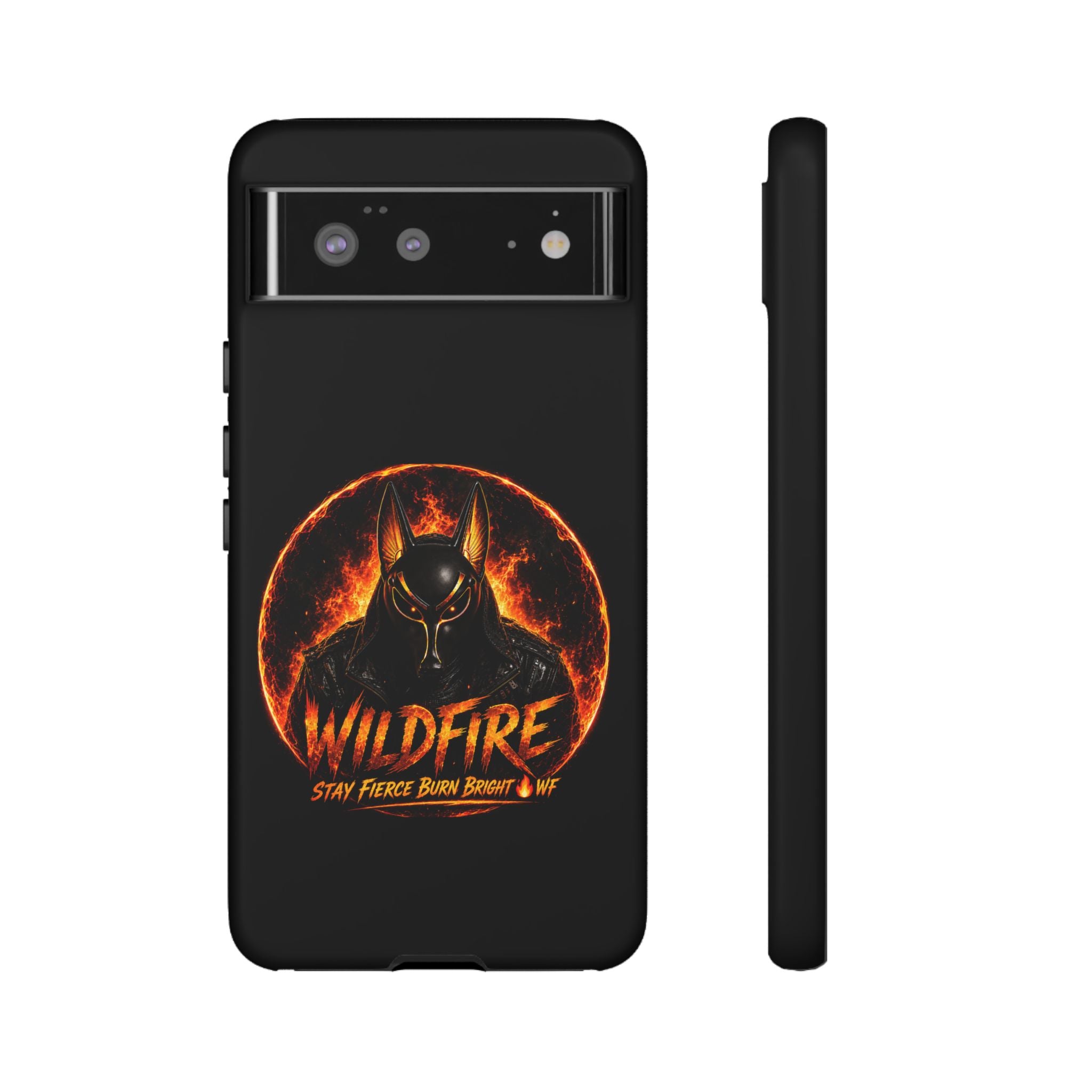 Wildfire Phone Case — Fierce Flaming Anubis Design, "Stay Fierce Burn Bright"