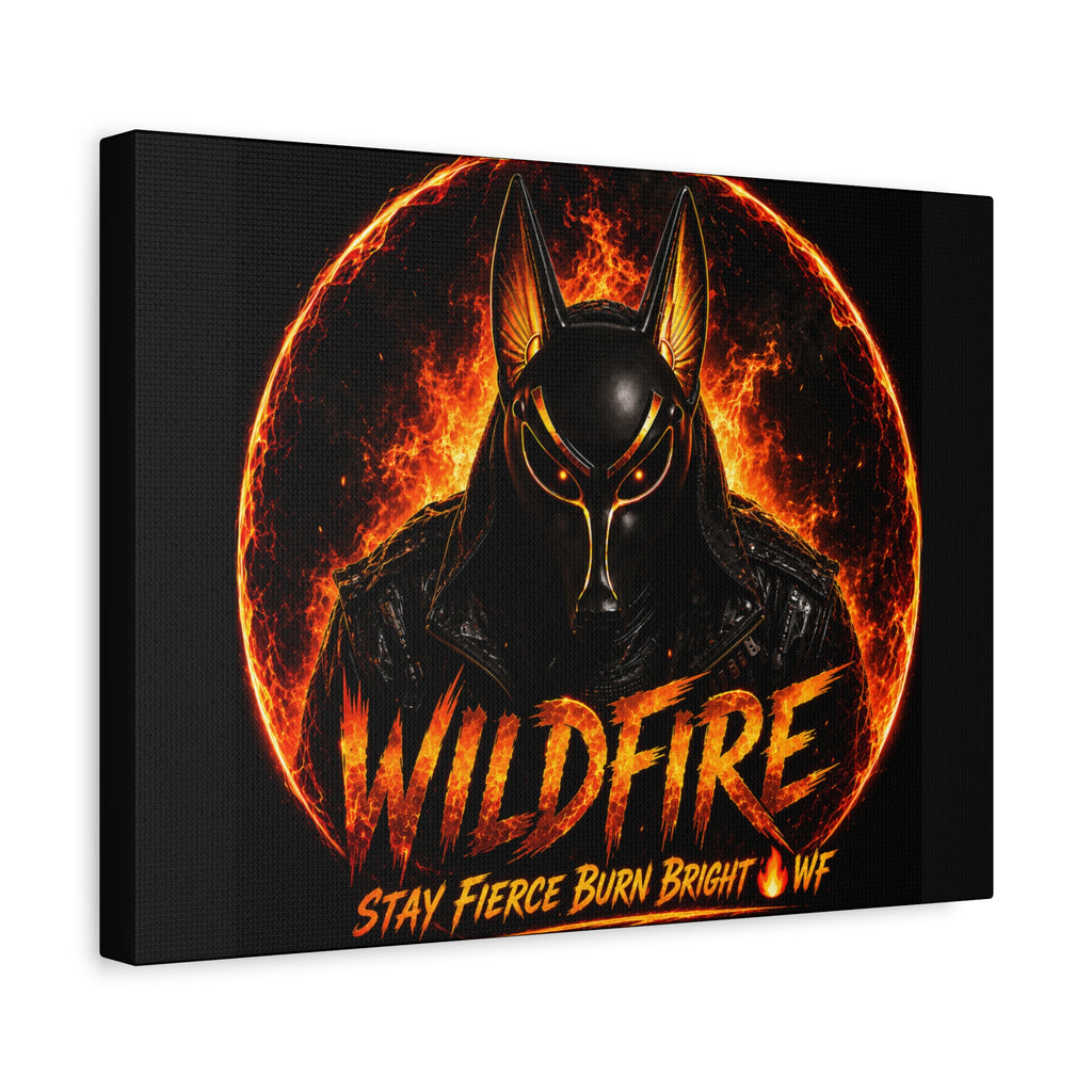 Wildfire Anubis Canvas — ‘WILDFIRE Stay Fierce Burn Bright’ Matte Stretched Wall Art