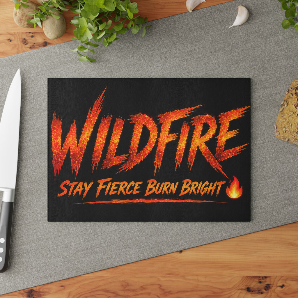 Wildfire Glass Cutting Board — "Stay Fierce Burn Bright" Flame Kitchen Board