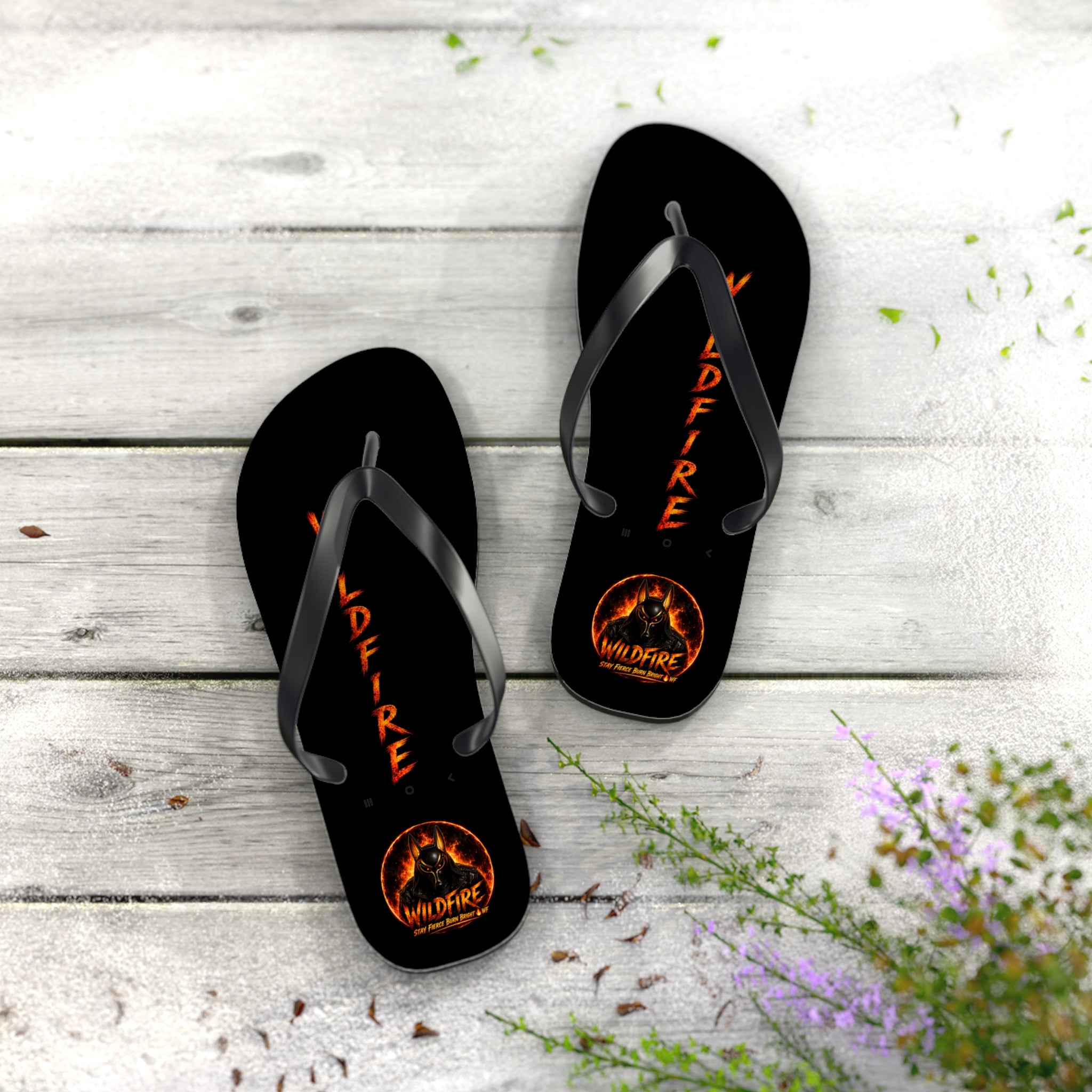 Wildfire Flame Flip Flops — Black Beach Sandals with Flaming Logo