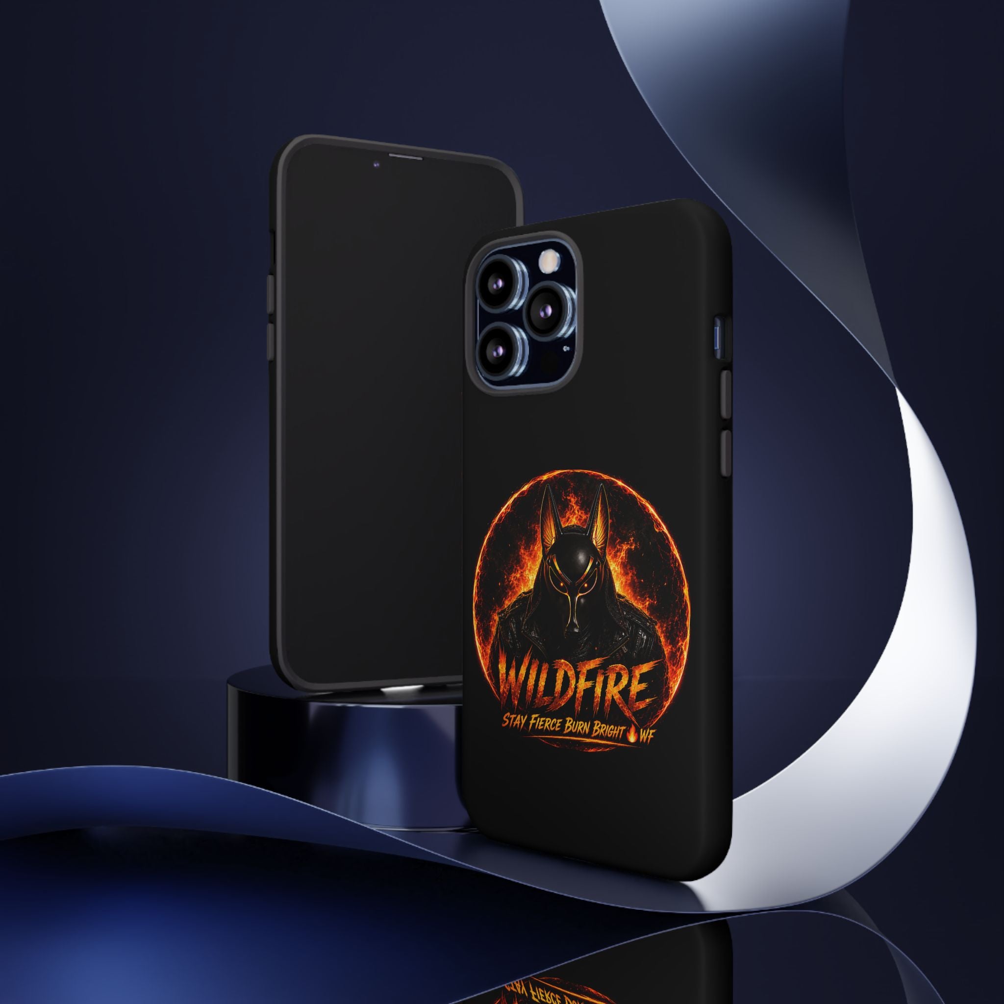 Wildfire Phone Case — Fierce Flaming Anubis Design, "Stay Fierce Burn Bright"