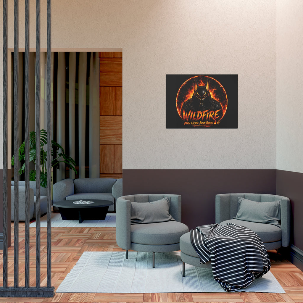 Wildfire Poster — Fiery Anubis Illustration with 'Stay Fierce Burn Bright'