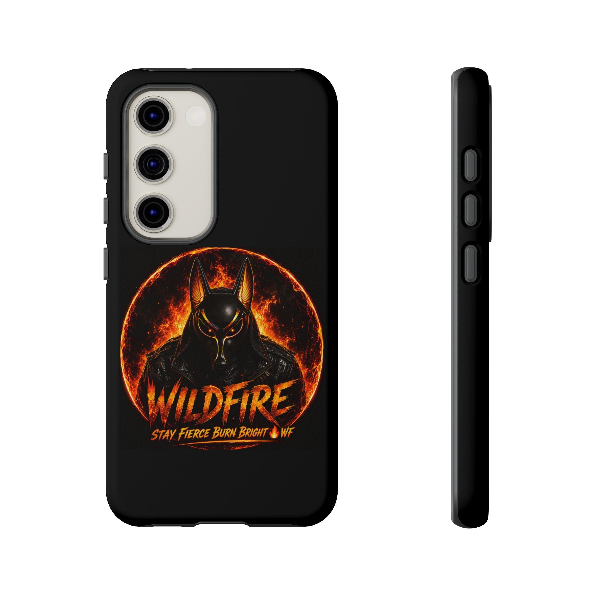 Wildfire Phone Case — Fierce Flaming Anubis Design, "Stay Fierce Burn Bright"