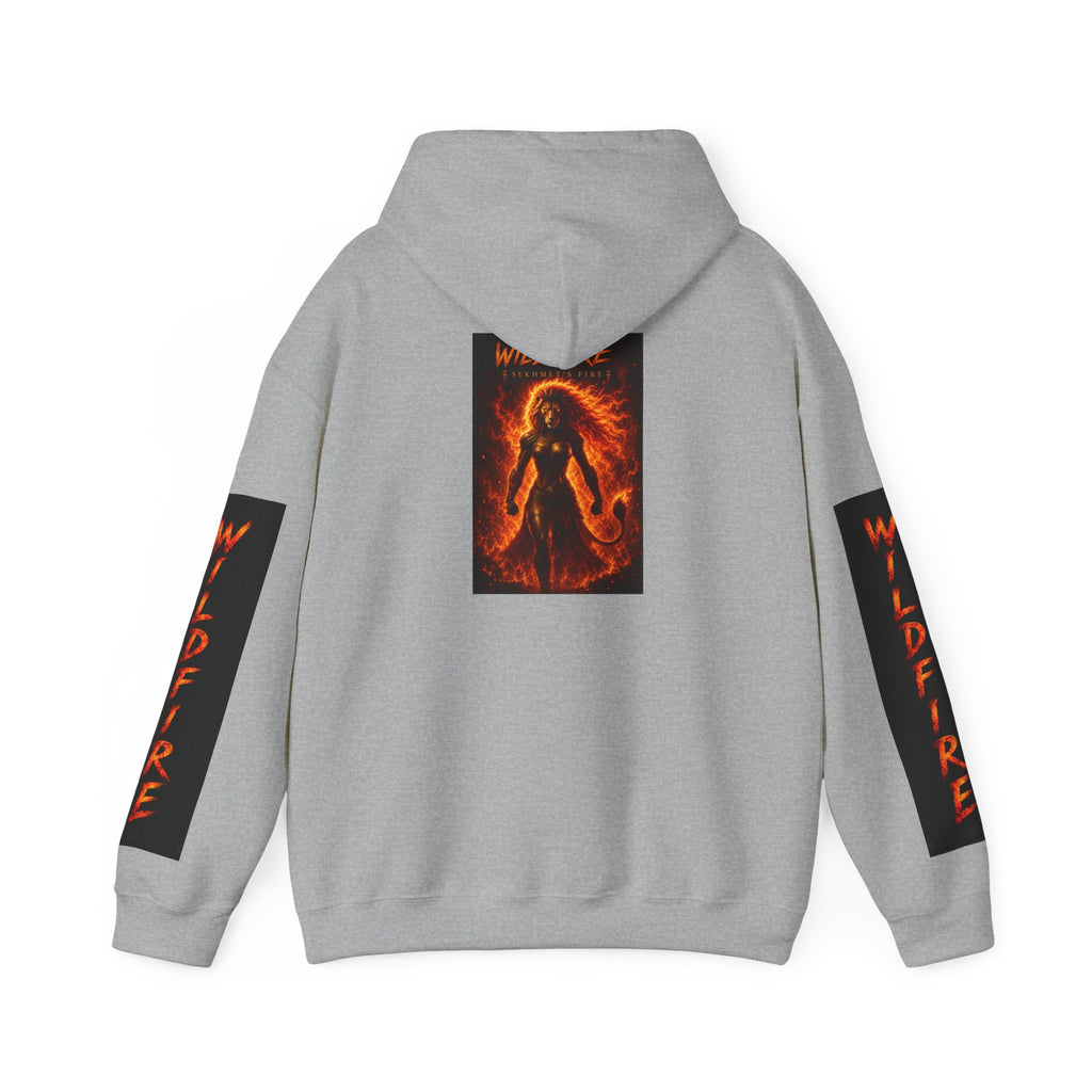 Wildfire Sekhmet's Fire Graphic Hoodie — Fiery Elemental Back Art & Sleeve Text