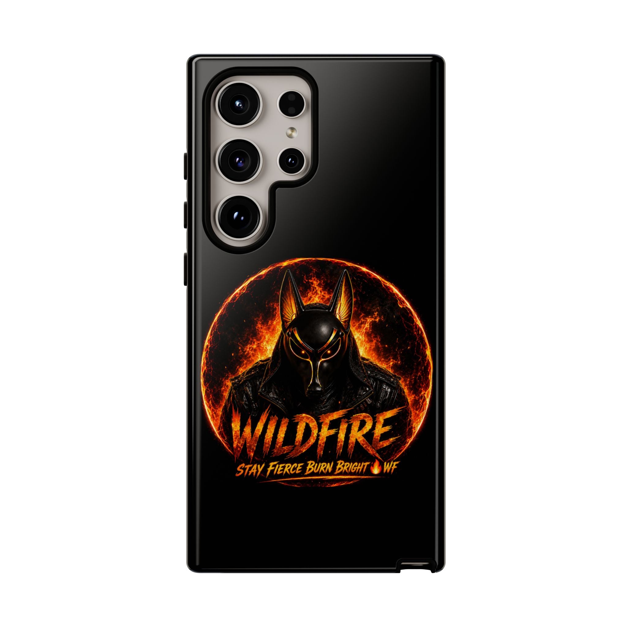 Wildfire Phone Case — Fierce Flaming Anubis Design, "Stay Fierce Burn Bright"