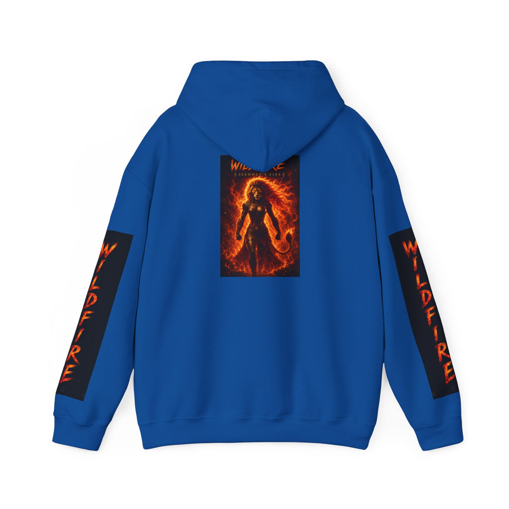 Wildfire Sekhmet's Fire Graphic Hoodie — Fiery Elemental Back Art & Sleeve Text