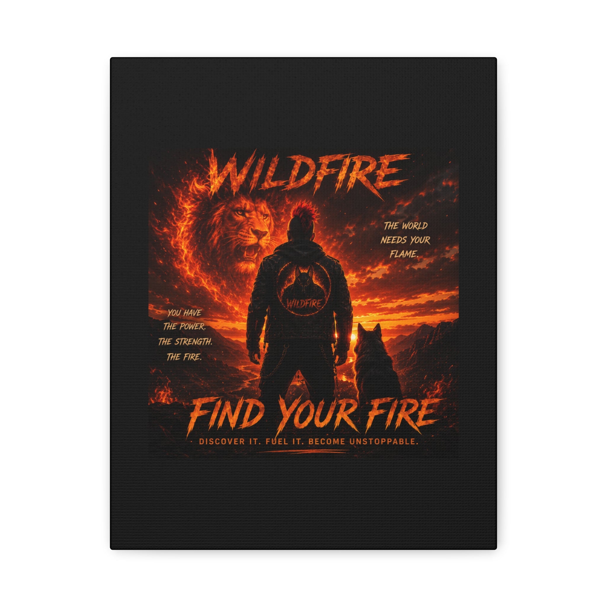 Wildfire 'Find Your Fire' Matte Canvas Wall Art — Inspirational Lion & Silhouette Scene