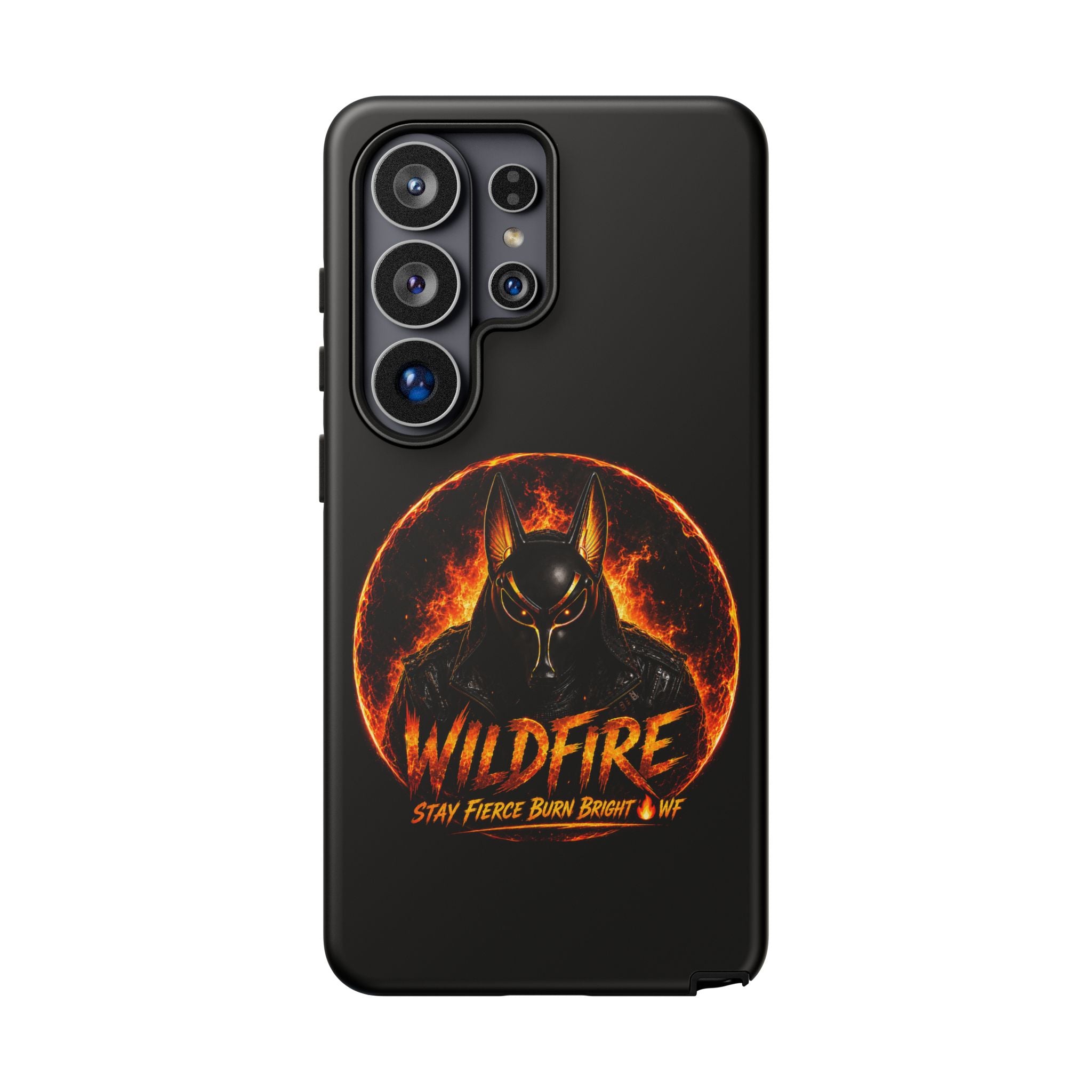Wildfire Phone Case — Fierce Flaming Anubis Design, "Stay Fierce Burn Bright"