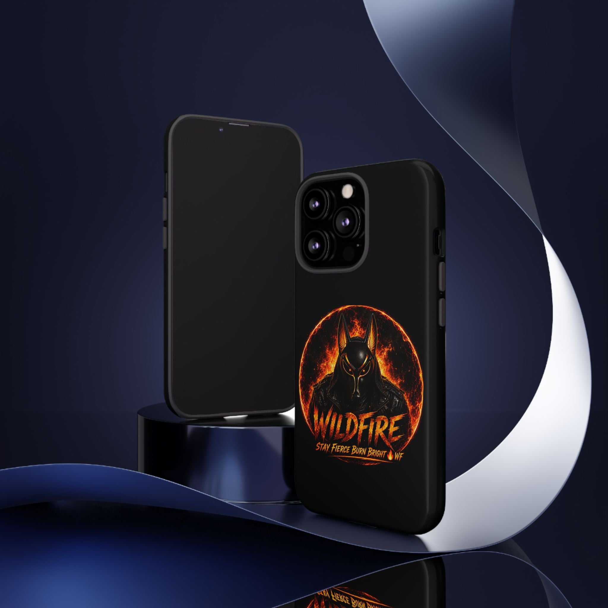 Wildfire Phone Case — Fierce Flaming Anubis Design, "Stay Fierce Burn Bright"