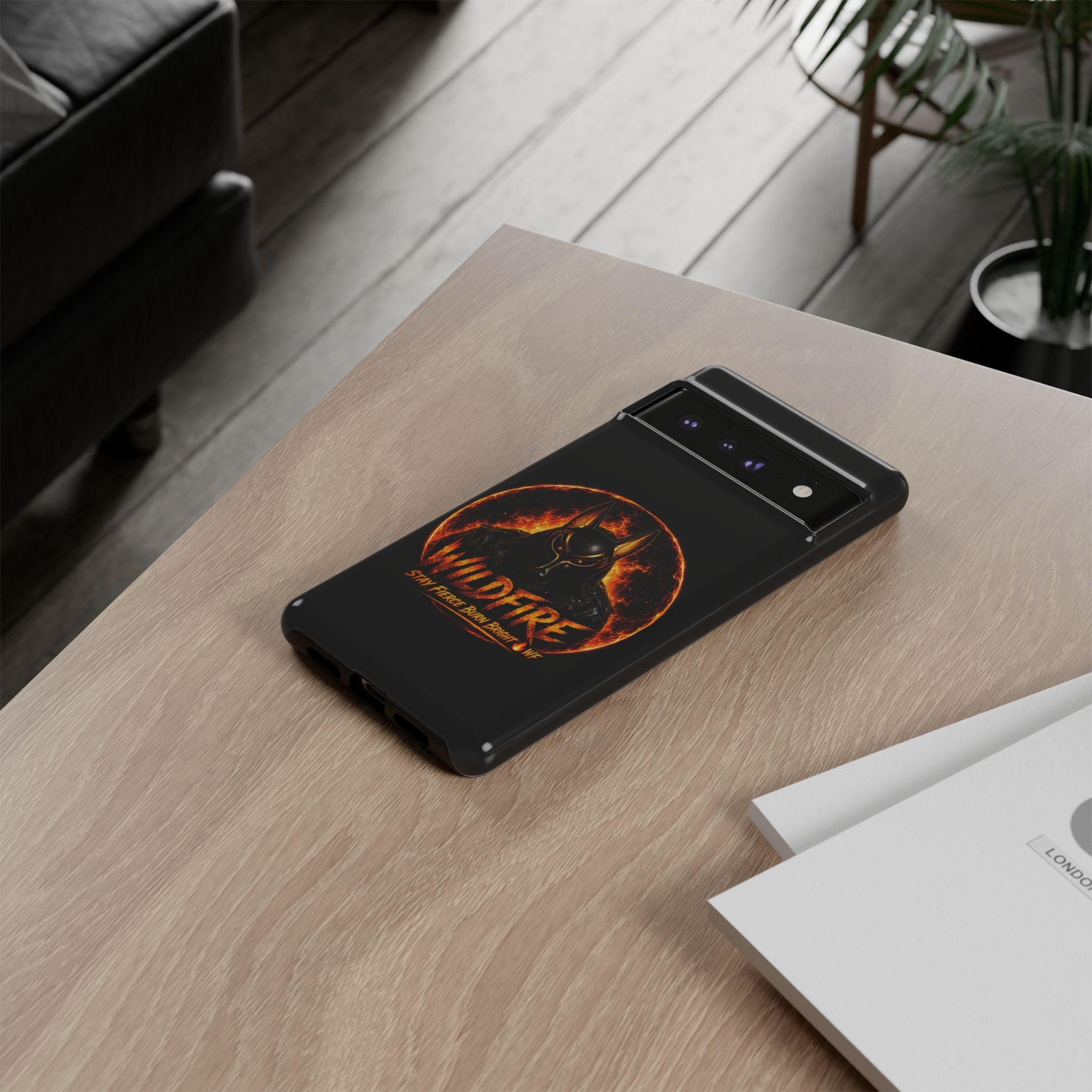 Wildfire Phone Case — Fierce Flaming Anubis Design, "Stay Fierce Burn Bright"