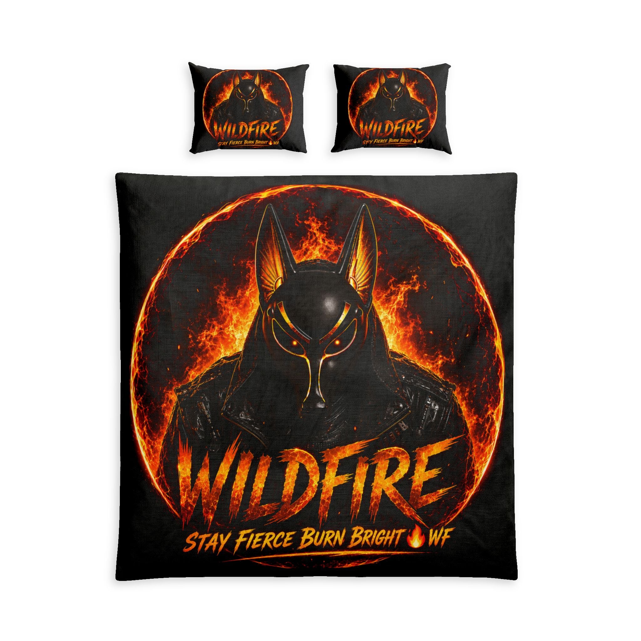 Wildfire Flame Anubis Cotton Bed Set — "Stay Fierce, Burn Bright" Duvet Cover