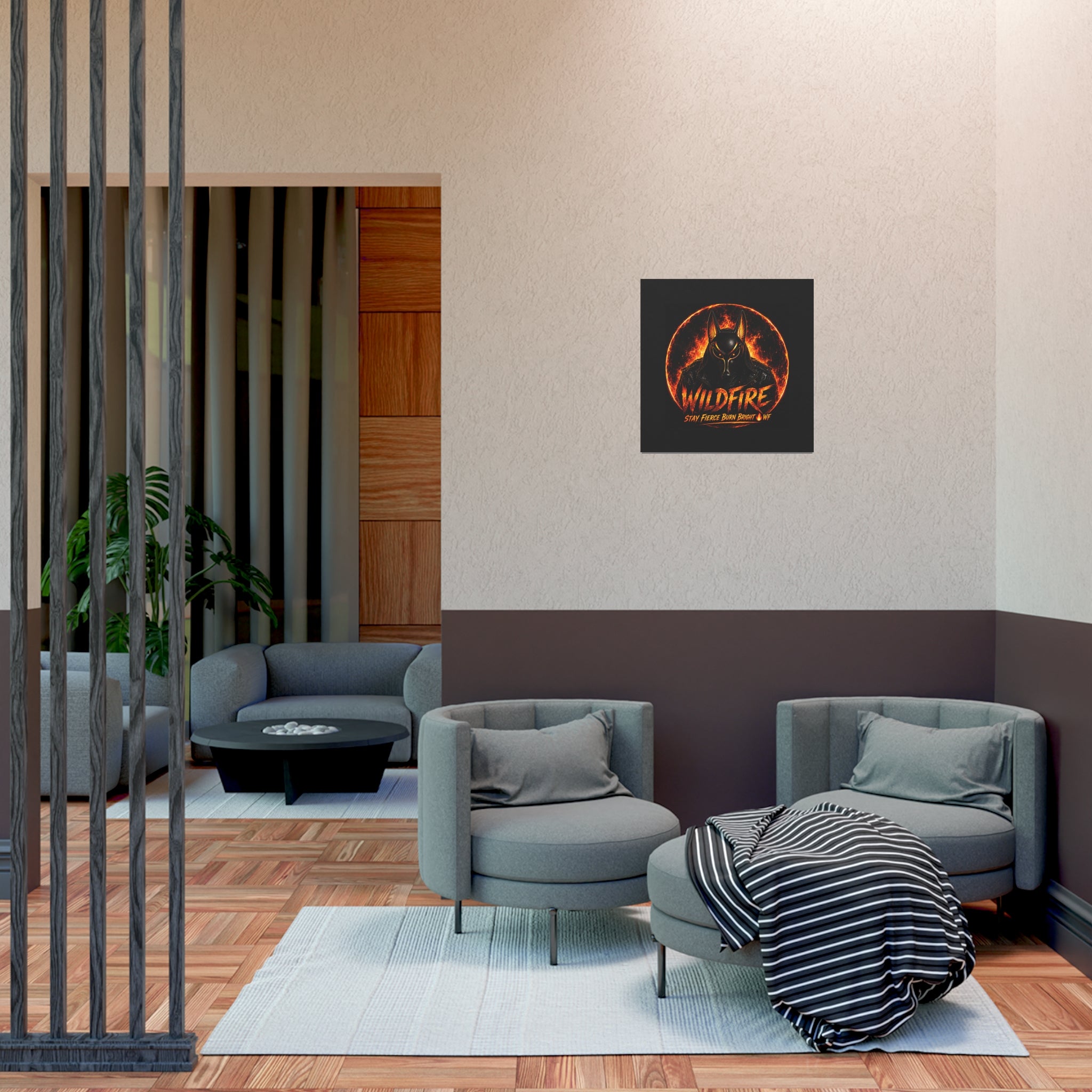 Wildfire Poster — Fiery Anubis Illustration with 'Stay Fierce Burn Bright'