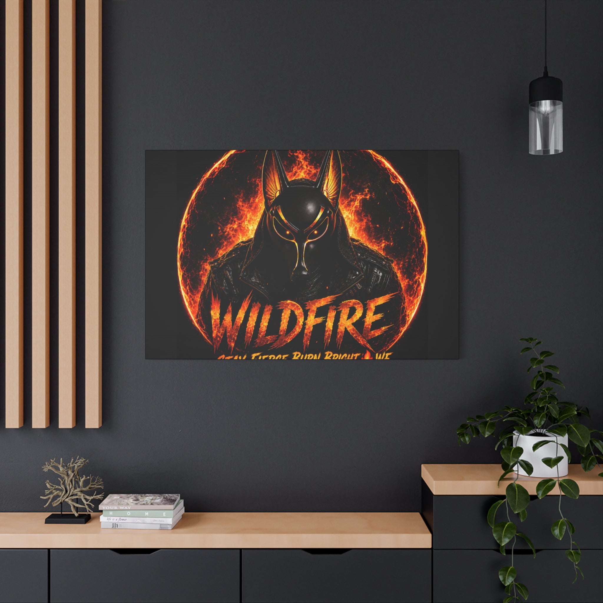 Wildfire Anubis Canvas — ‘WILDFIRE Stay Fierce Burn Bright’ Matte Stretched Wall Art