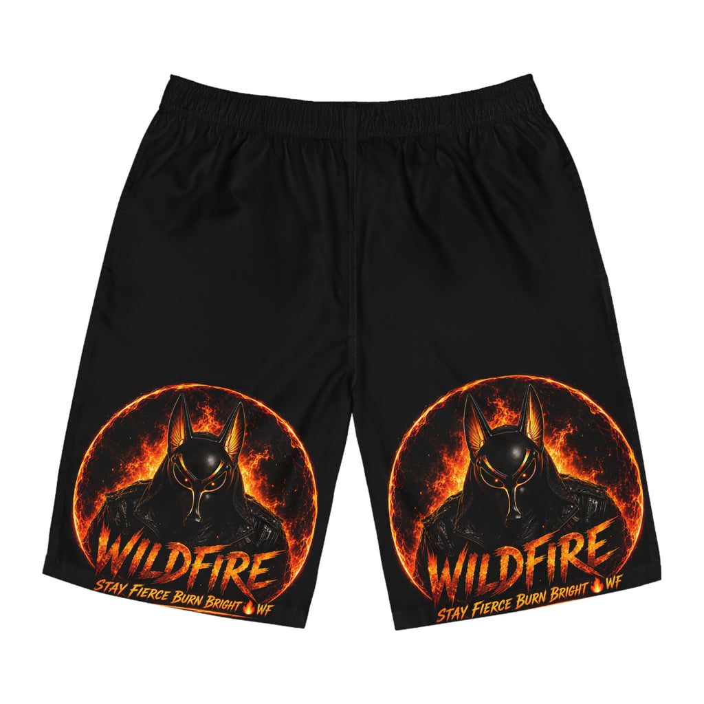 Wildfire Men’s Board Shorts — Fiery Anubis Graphic Swim Trunks