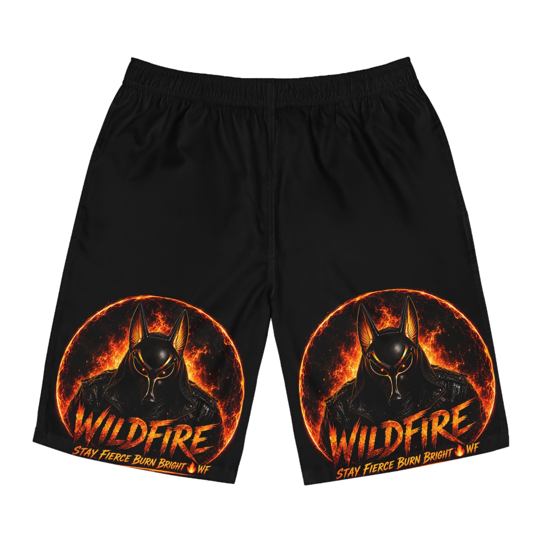 Wildfire Men’s Board Shorts — Fiery Anubis Graphic Swim Trunks