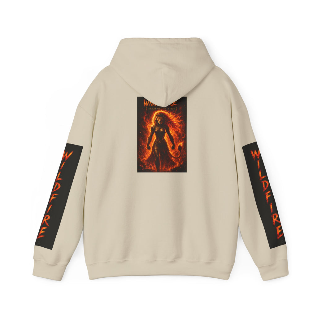 Wildfire Sekhmet's Fire Graphic Hoodie — Fiery Elemental Back Art & Sleeve Text