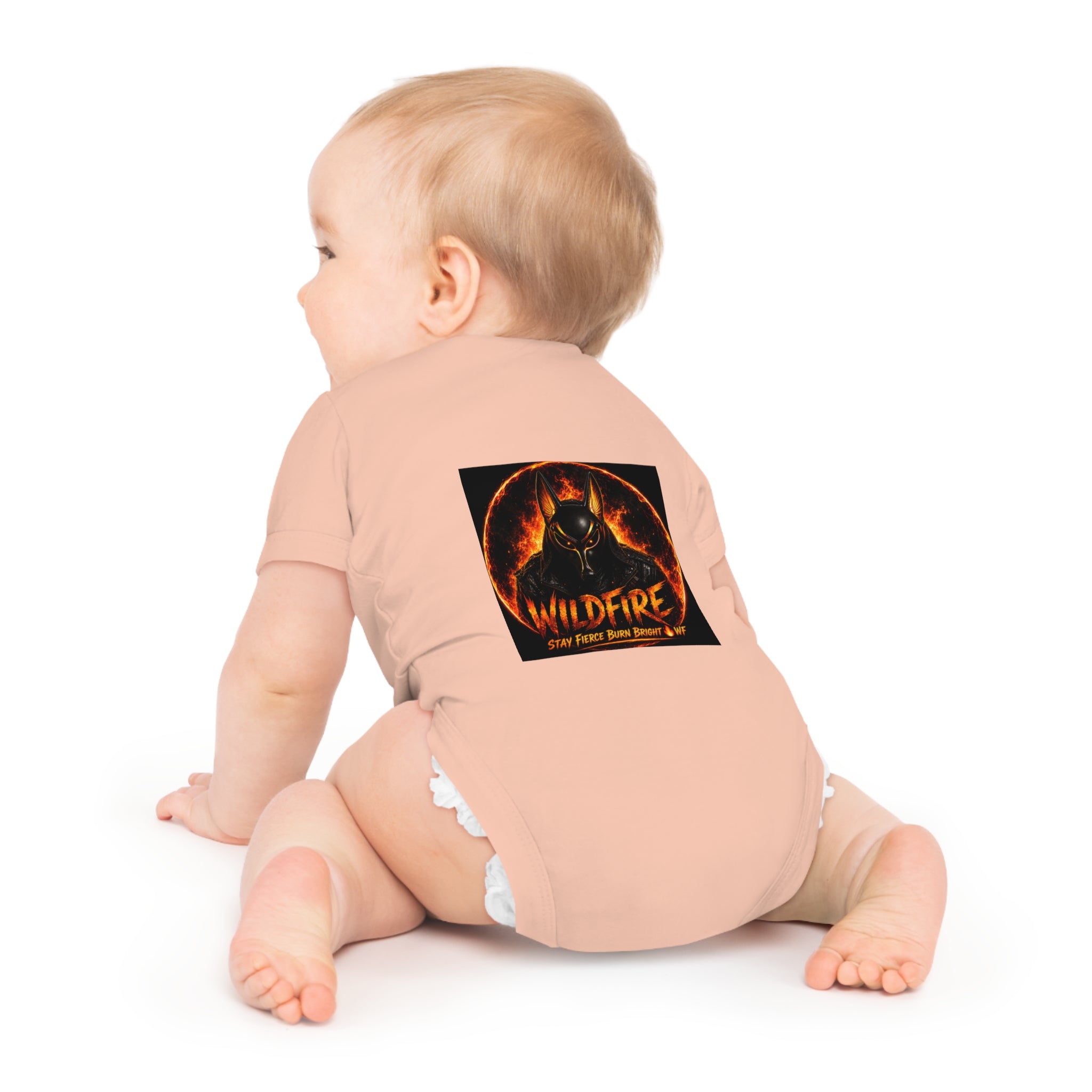 Wildfire Baby Bodysuit — Fiery Anubis Graphic Infant Onesie