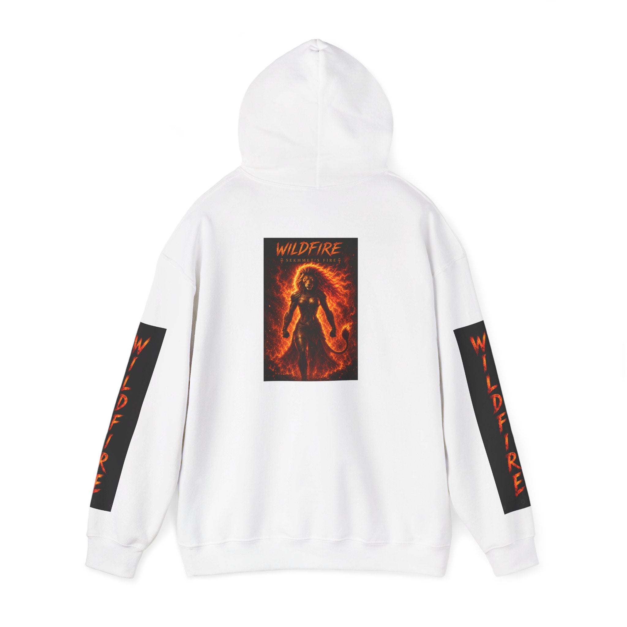 Wildfire Sekhmet's Fire Graphic Hoodie — Fiery Elemental Back Art & Sleeve Text