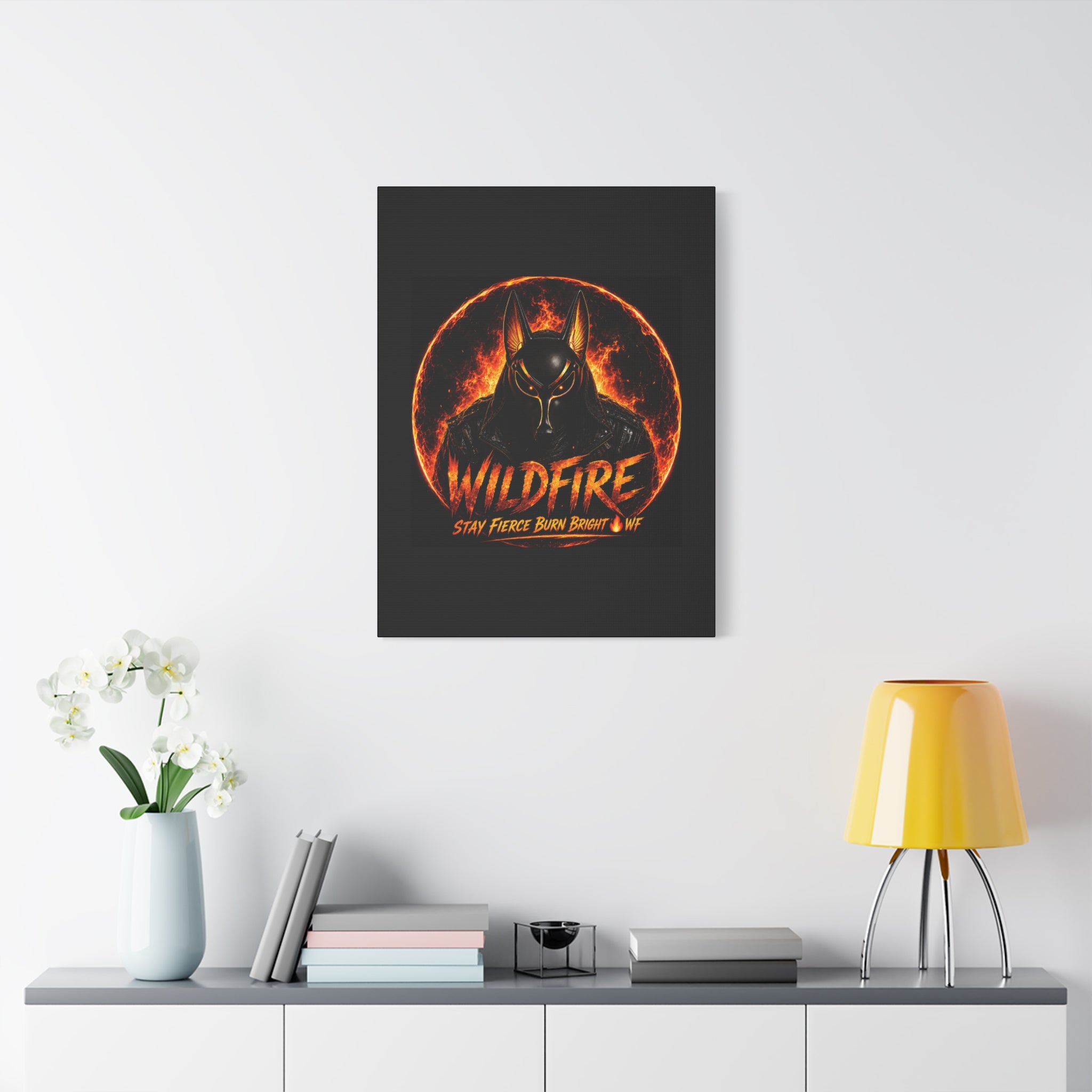Wildfire Anubis Canvas — ‘WILDFIRE Stay Fierce Burn Bright’ Matte Stretched Wall Art