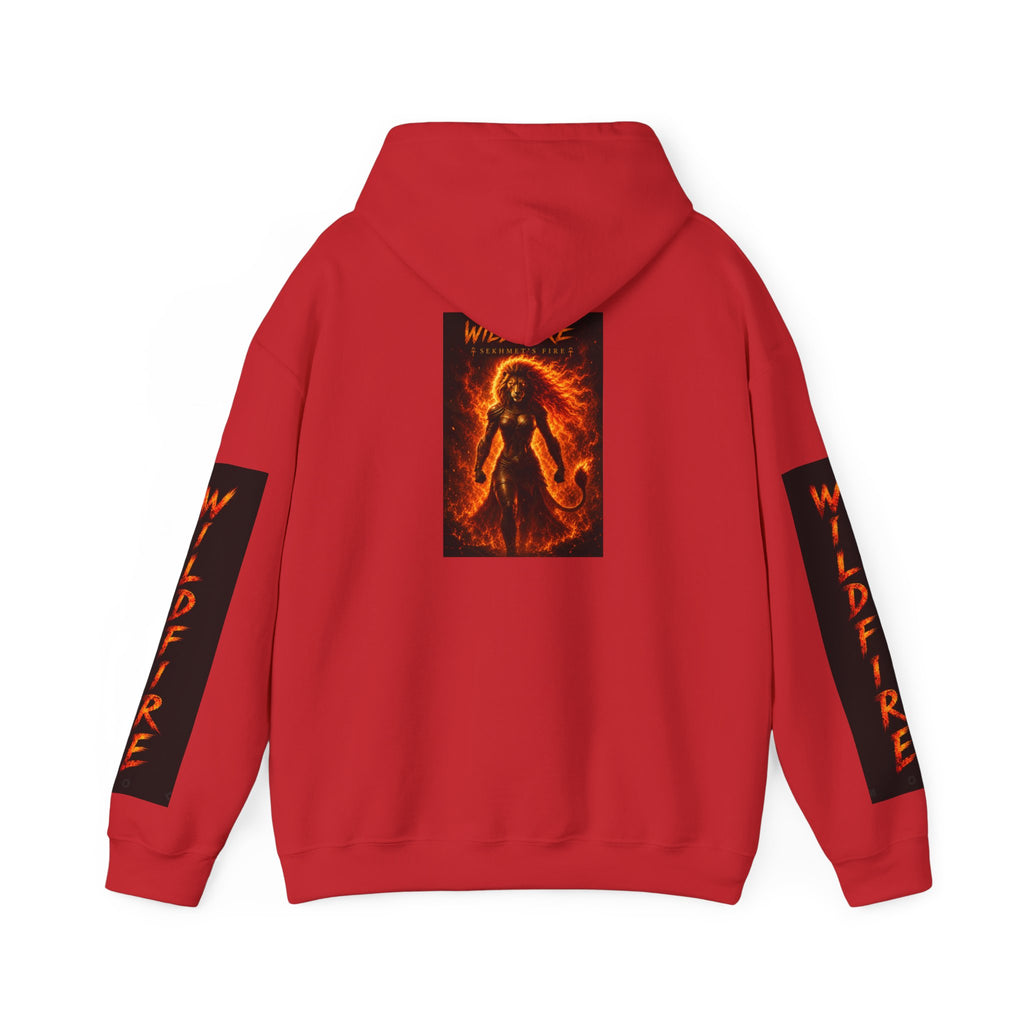 Wildfire Sekhmet's Fire Graphic Hoodie — Fiery Elemental Back Art & Sleeve Text
