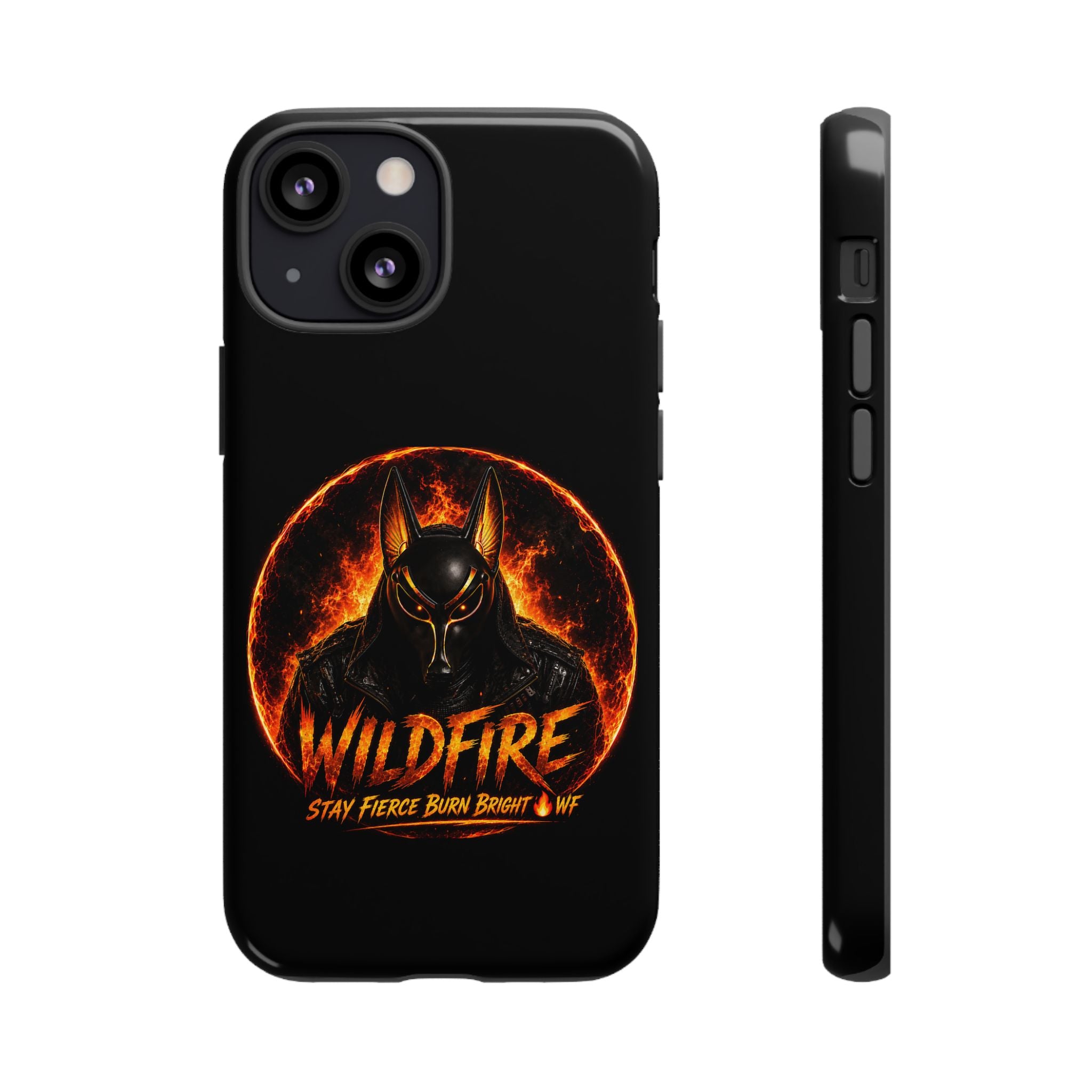 Wildfire Phone Case — Fierce Flaming Anubis Design, "Stay Fierce Burn Bright"