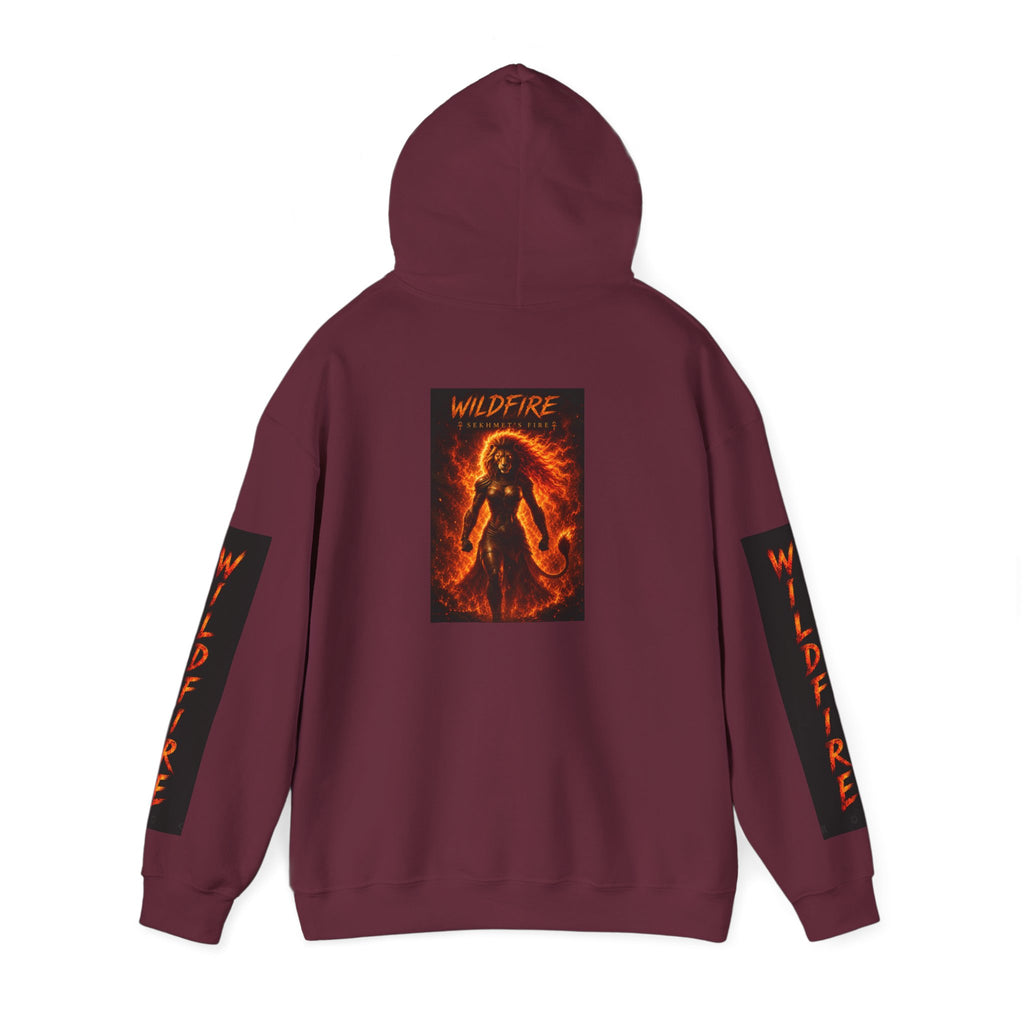 Wildfire Sekhmet's Fire Graphic Hoodie — Fiery Elemental Back Art & Sleeve Text