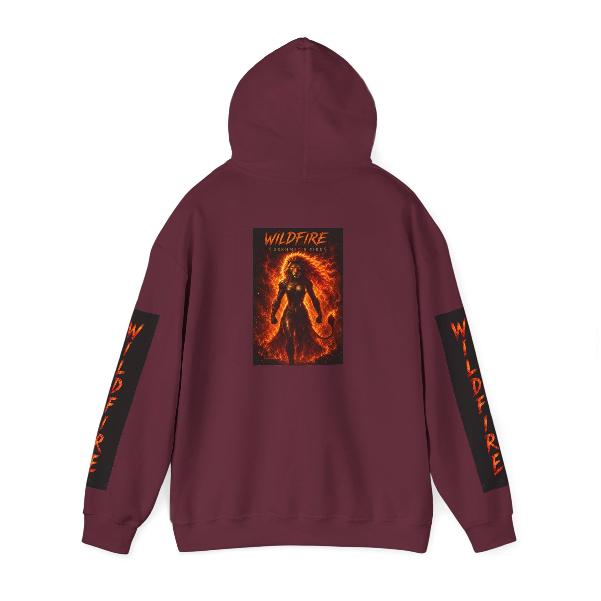 Wildfire Sekhmet's Fire Graphic Hoodie — Fiery Elemental Back Art & Sleeve Text
