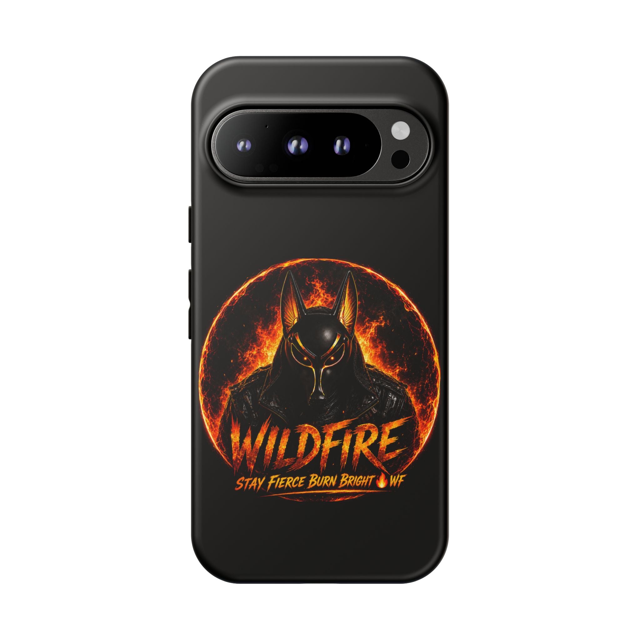 Wildfire Phone Case — Fierce Flaming Anubis Design, "Stay Fierce Burn Bright"