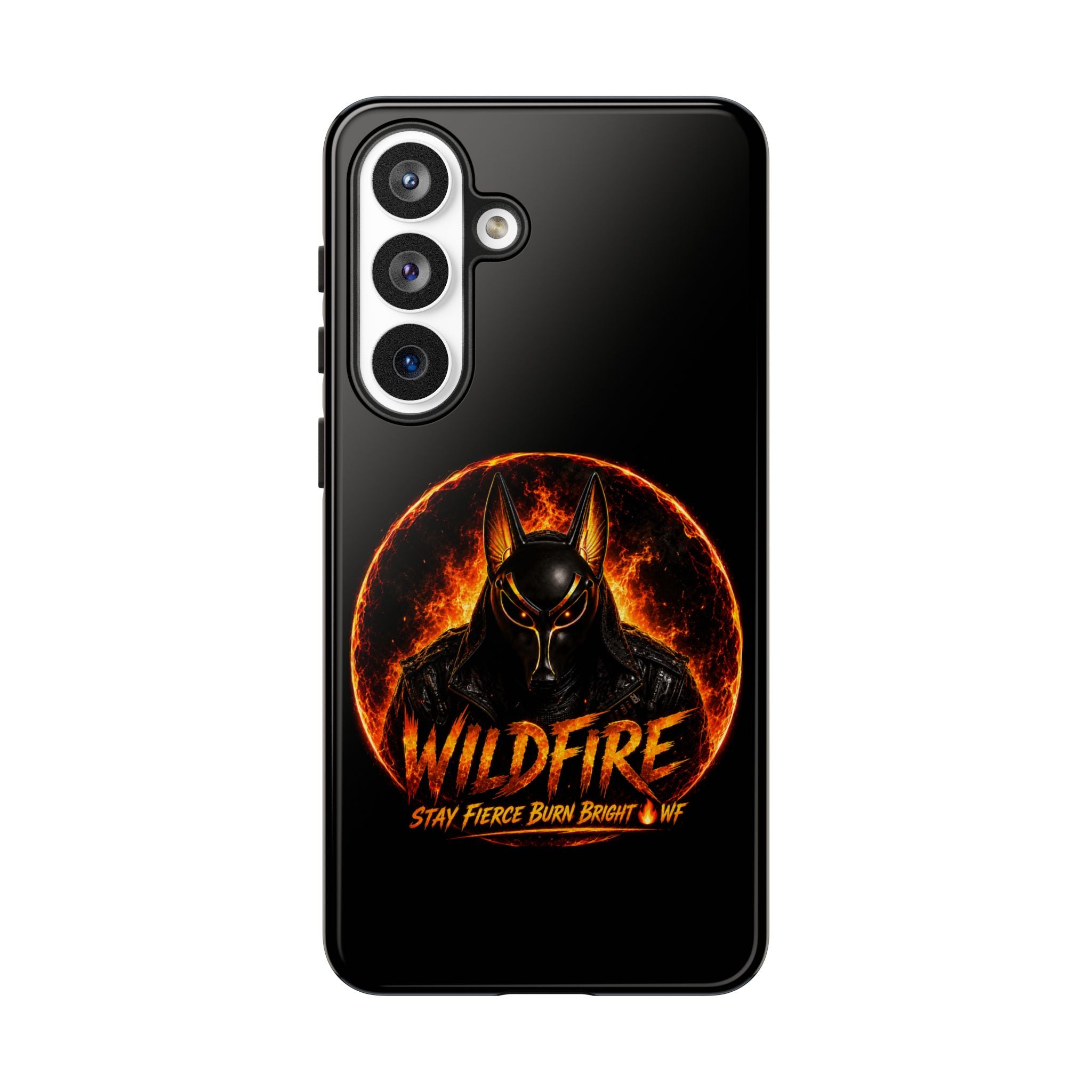 Wildfire Phone Case — Fierce Flaming Anubis Design, "Stay Fierce Burn Bright"