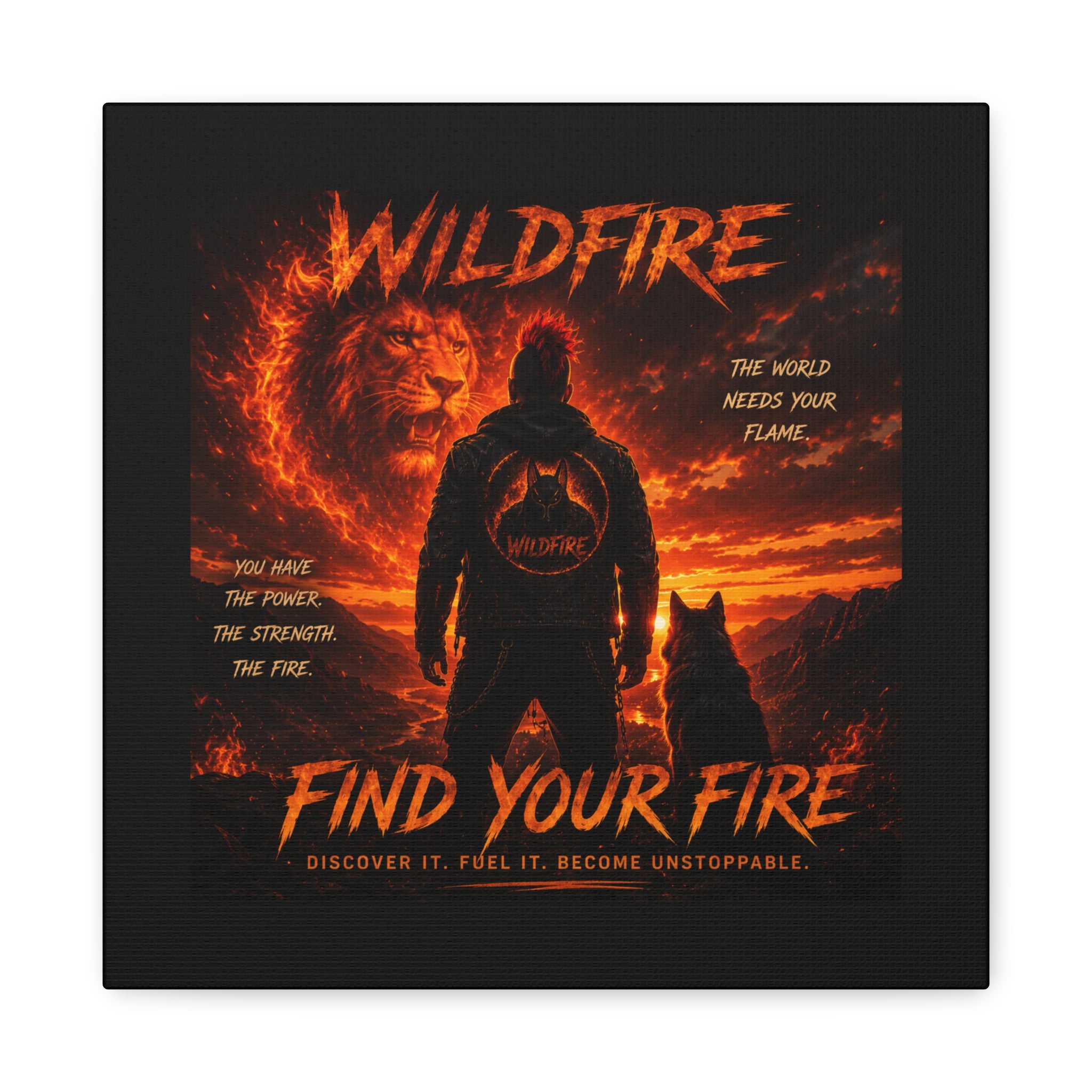 Wildfire 'Find Your Fire' Matte Canvas Wall Art — Inspirational Lion & Silhouette Scene