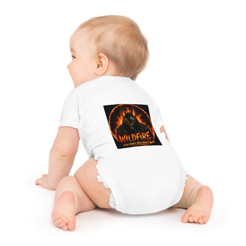 Wildfire Baby Bodysuit — Fiery Anubis Graphic Infant Onesie