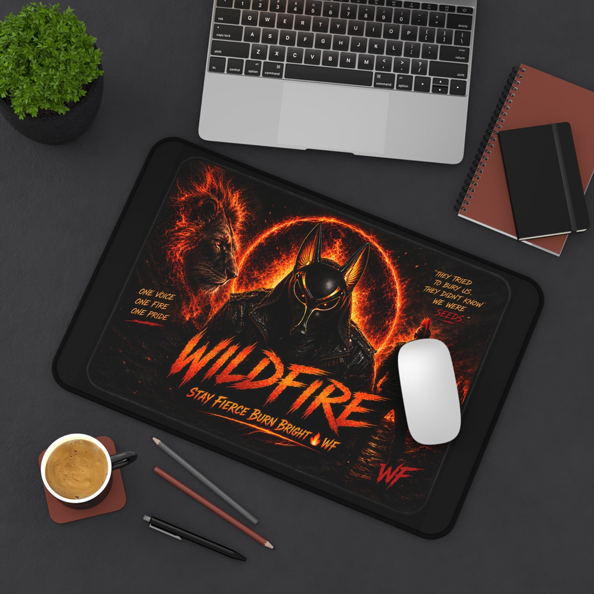 Wildfire Desk Mat — Fiery Lion & Anubis Gaming Mouse Pad ("Stay Fierce Burn Bright")
