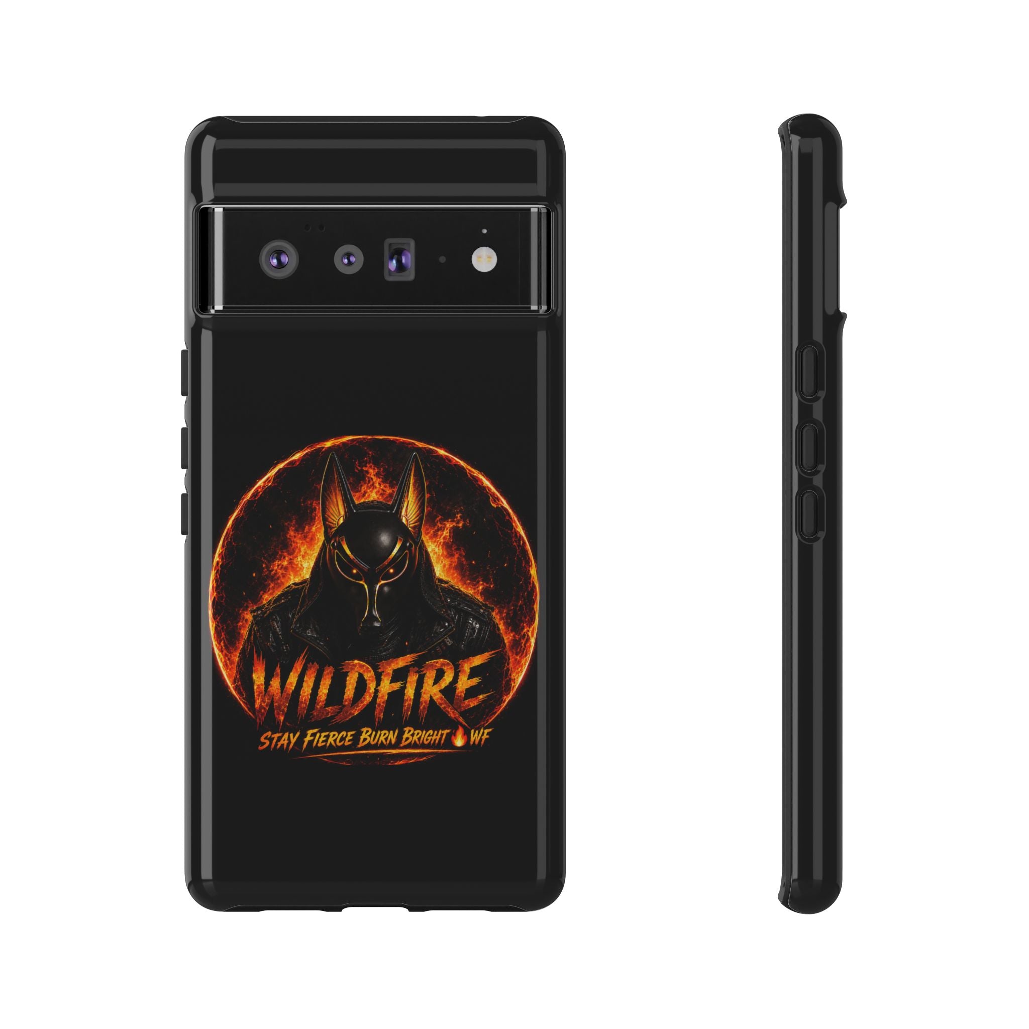 Wildfire Phone Case — Fierce Flaming Anubis Design, "Stay Fierce Burn Bright"
