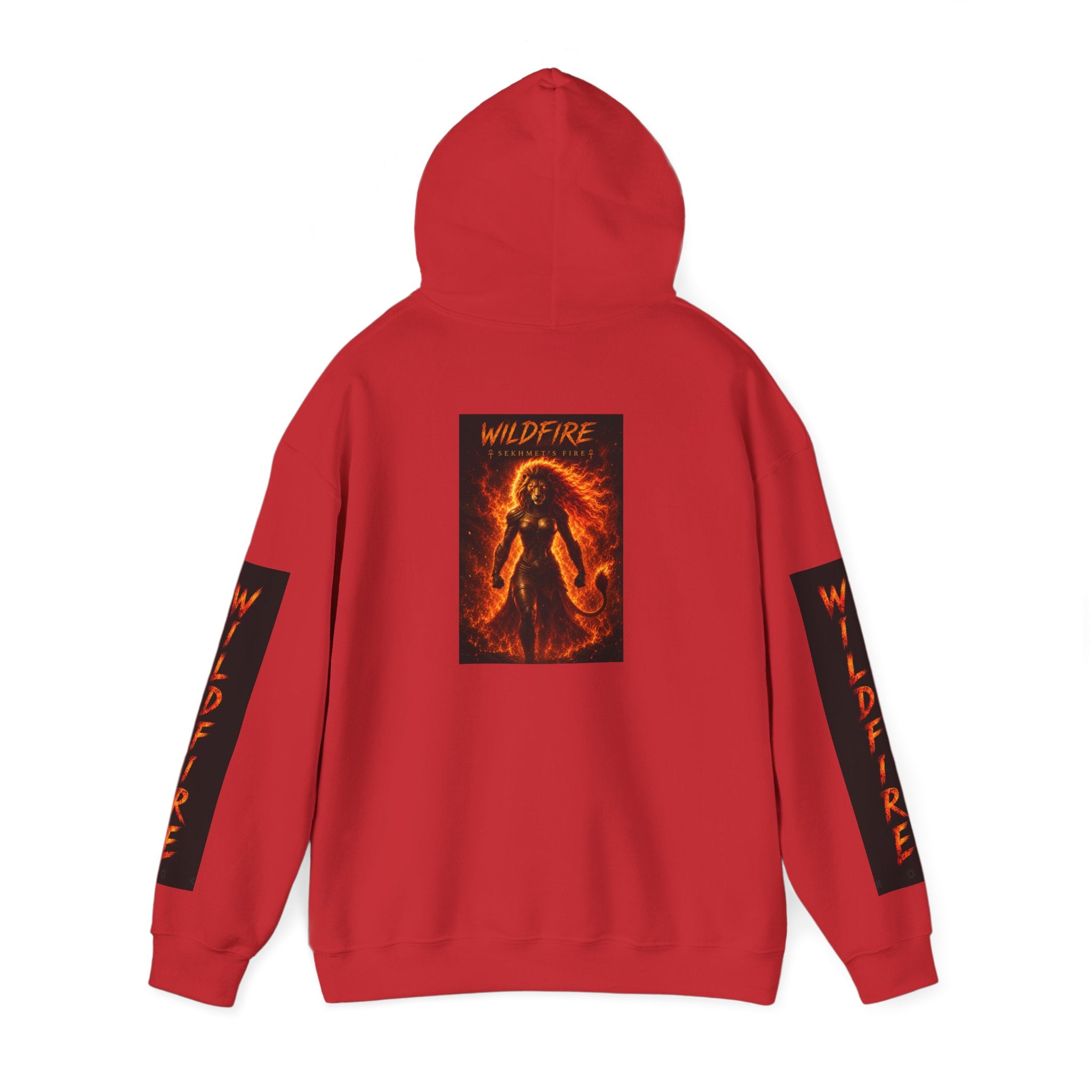 Wildfire Sekhmet's Fire Graphic Hoodie — Fiery Elemental Back Art & Sleeve Text